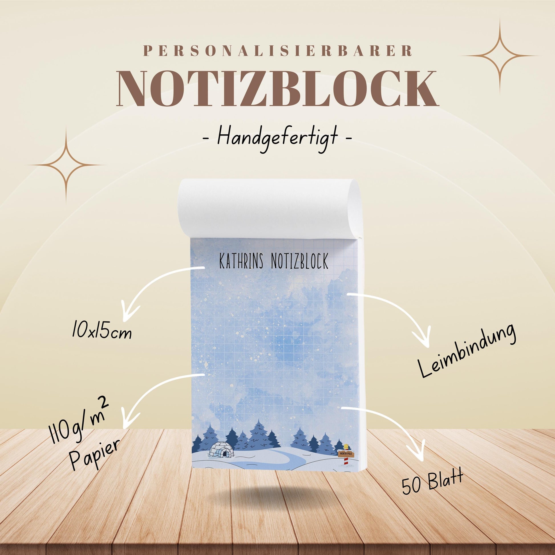 Notizblock Weihnachten Design, 10x15 cm, 50 Blatt mit Leimbindung, personalisierbar mit Namen, Handmade