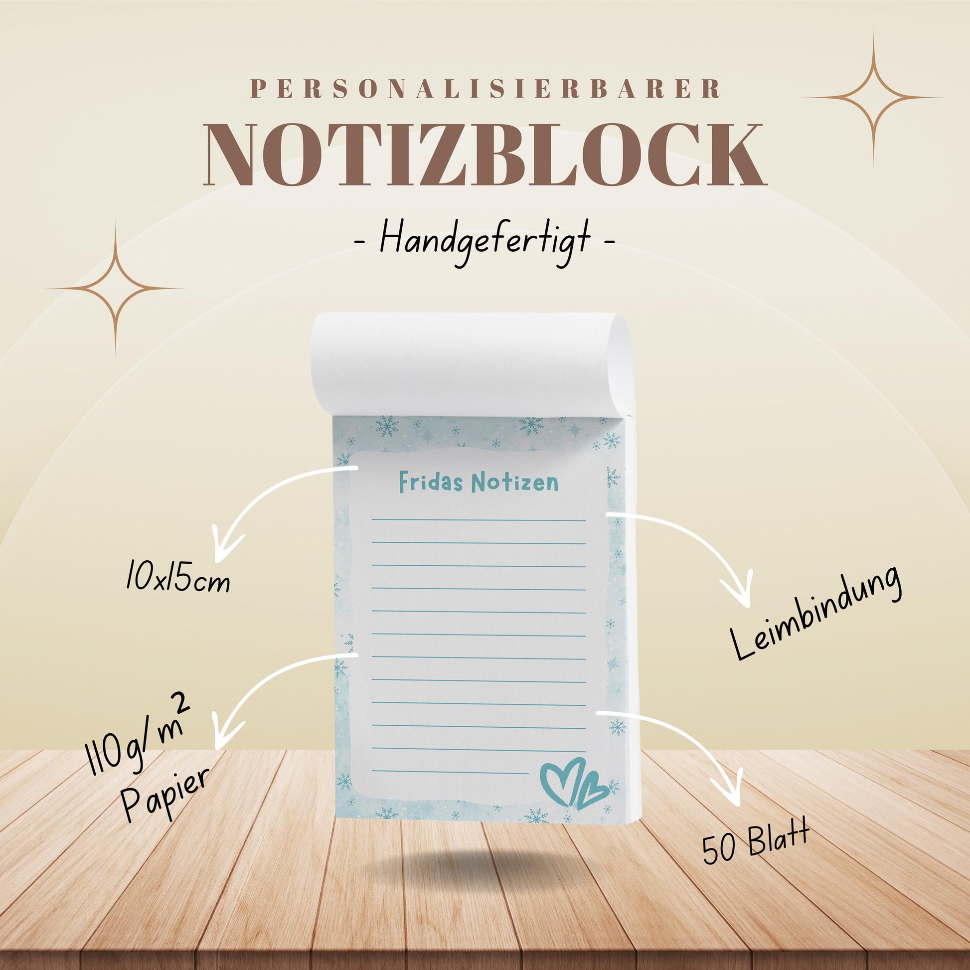 Notizblock Winter Design, 10x15 cm, 50 Blatt mit Leimbindung, personalisierbar mit Namen, Handmade