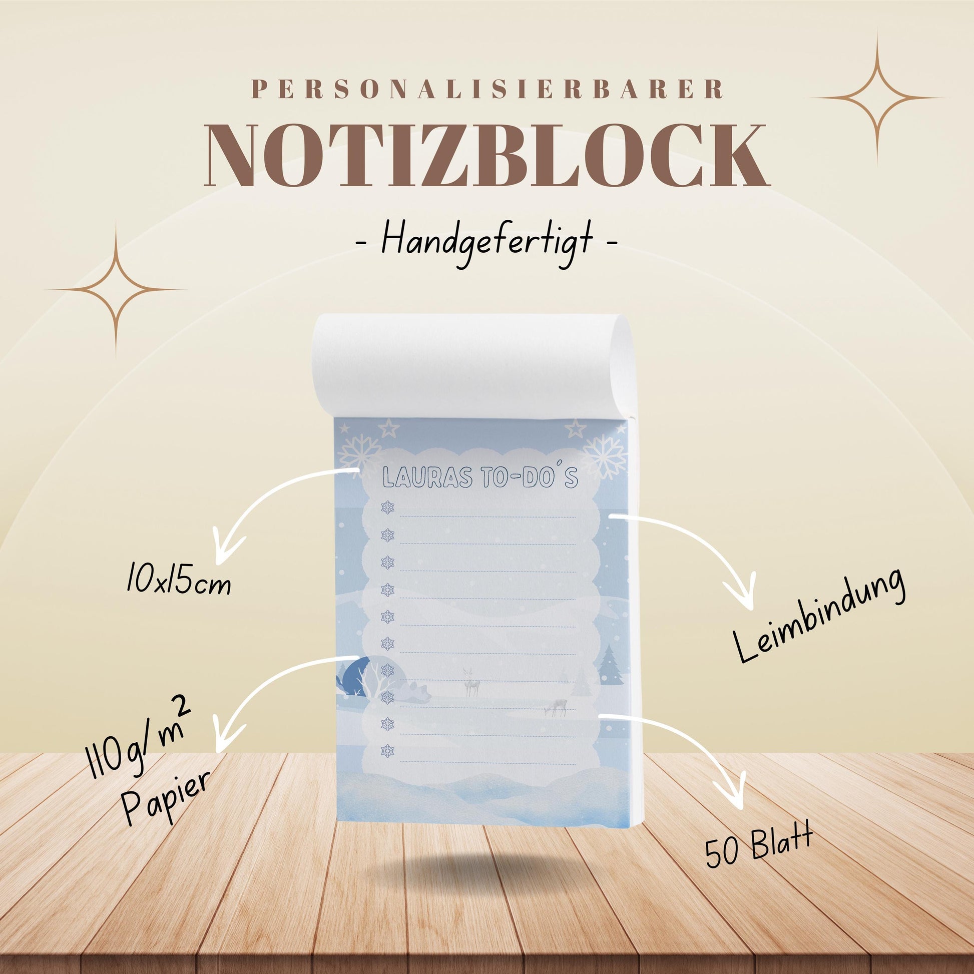 Notizblock Winter Design, 10x15 cm, 50 Blatt mit Leimbindung, personalisierbar mit Namen, Handmade
