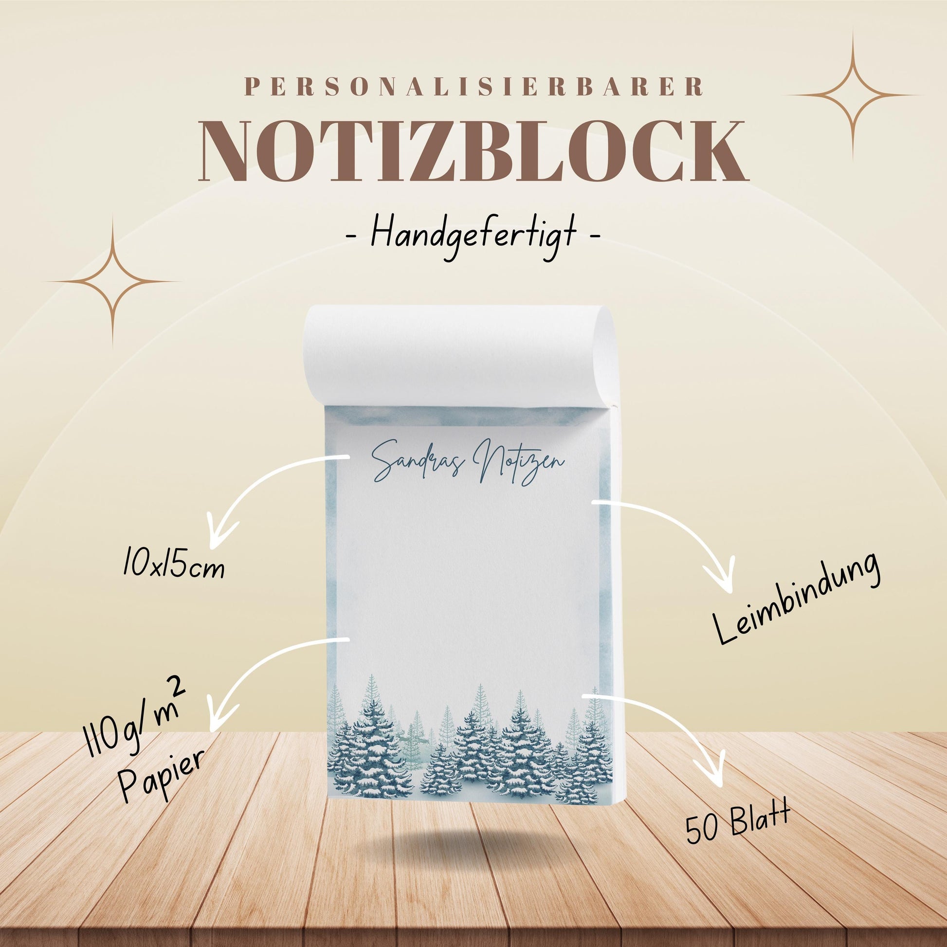 Notizblock Winter Design, 10x15 cm, 50 Blatt mit Leimbindung, personalisierbar mit Namen, Handmade