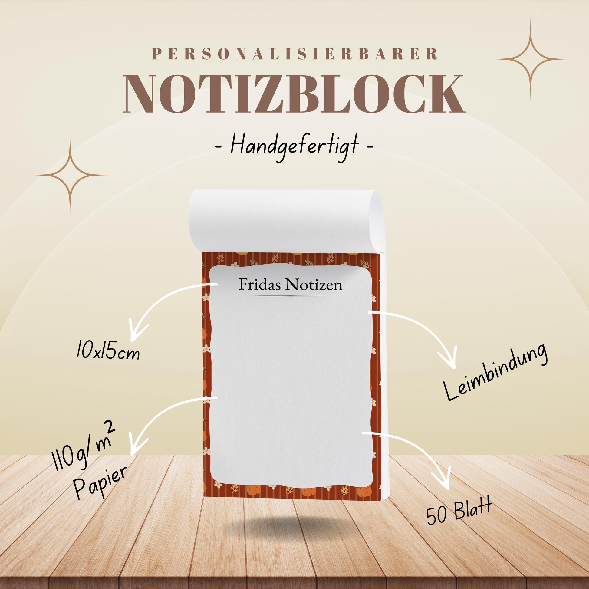 Notizblock Herbst Kürbis Design, 10x15 cm, 50 Blatt mit Leimbindung, personalisierbar mit Namen, Handmade