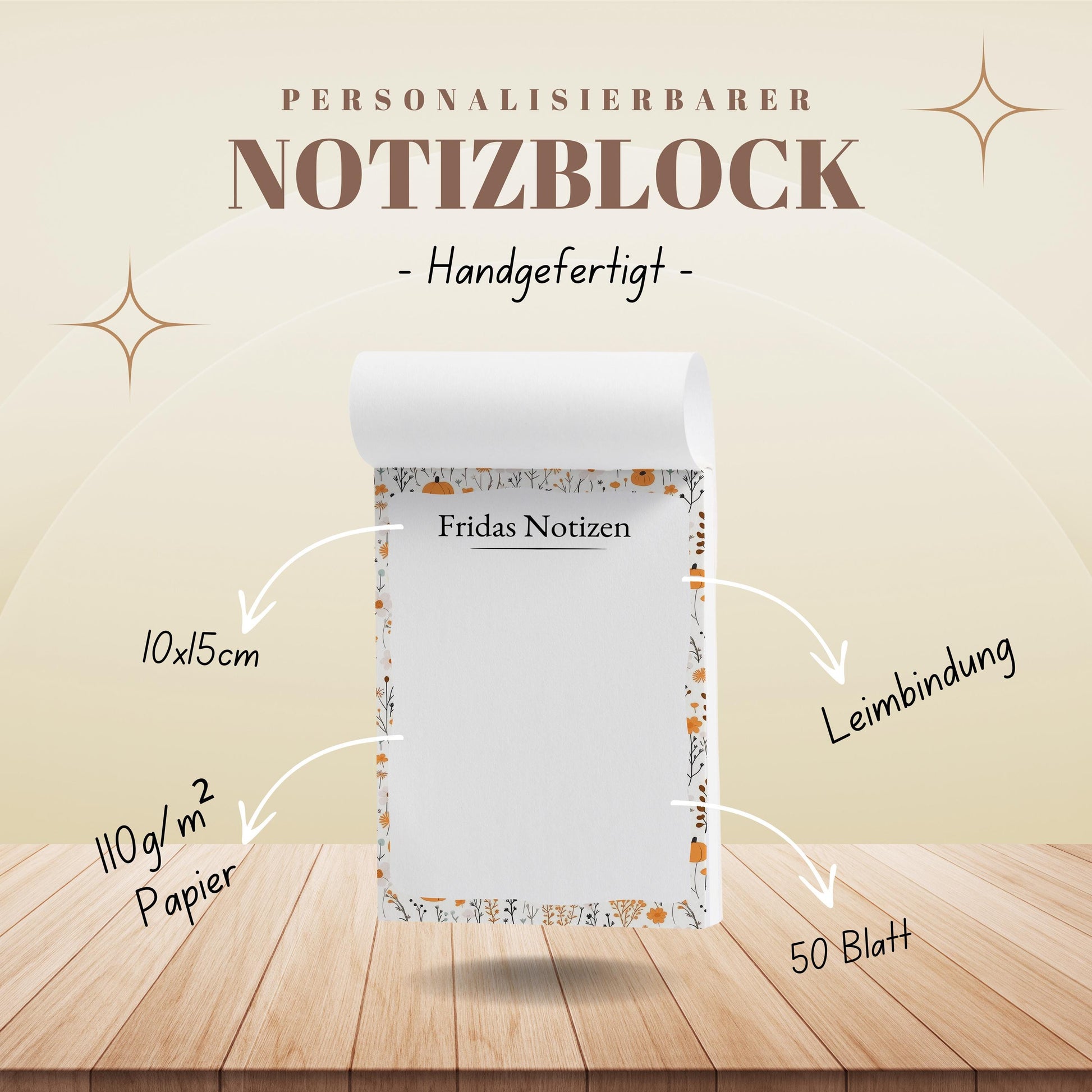 Notizblock Herbst Blumen Design, 10x15 cm, 50 Blatt mit Leimbindung, personalisierbar mit Namen, Handmade