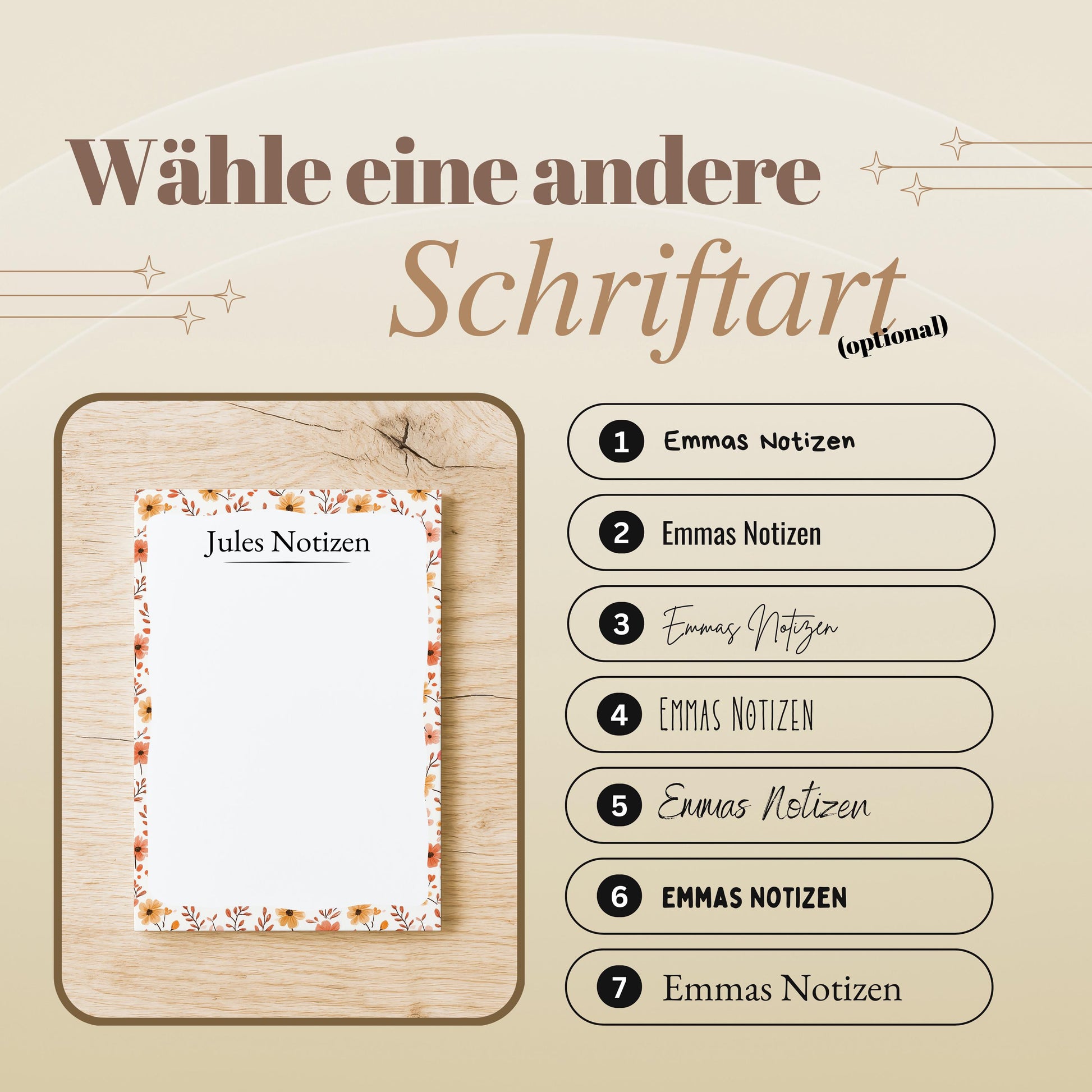 Notizblock Herbst Blumen Design, 10x15 cm, 50 Blatt mit Leimbindung, personalisierbar mit Namen, Handmade