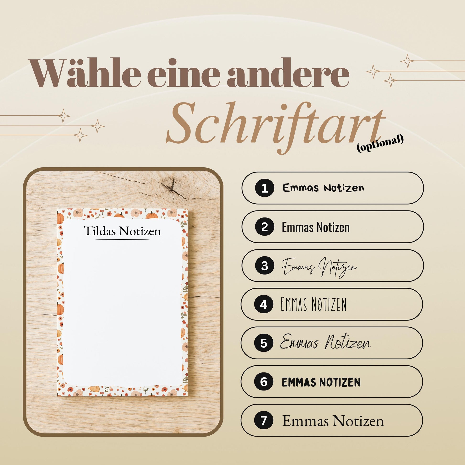 Notizblock Herbst Kürbis Design, 10x15 cm, 50 Blatt mit Leimbindung, personalisierbar mit Namen, Handmade