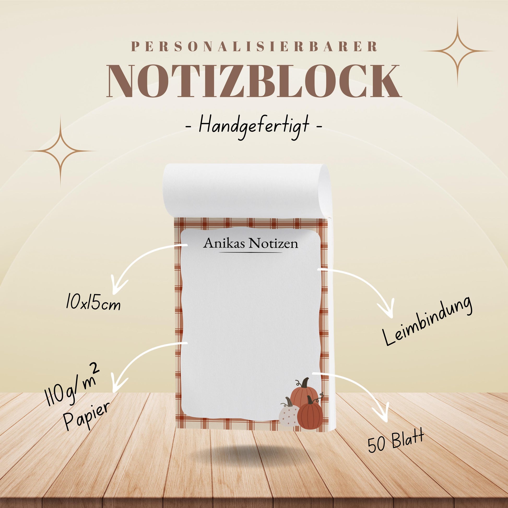 Notizblock Herbst Kürbis Design, 10x15 cm, 50 Blatt mit Leimbindung, personalisierbar mit Namen, Handmade