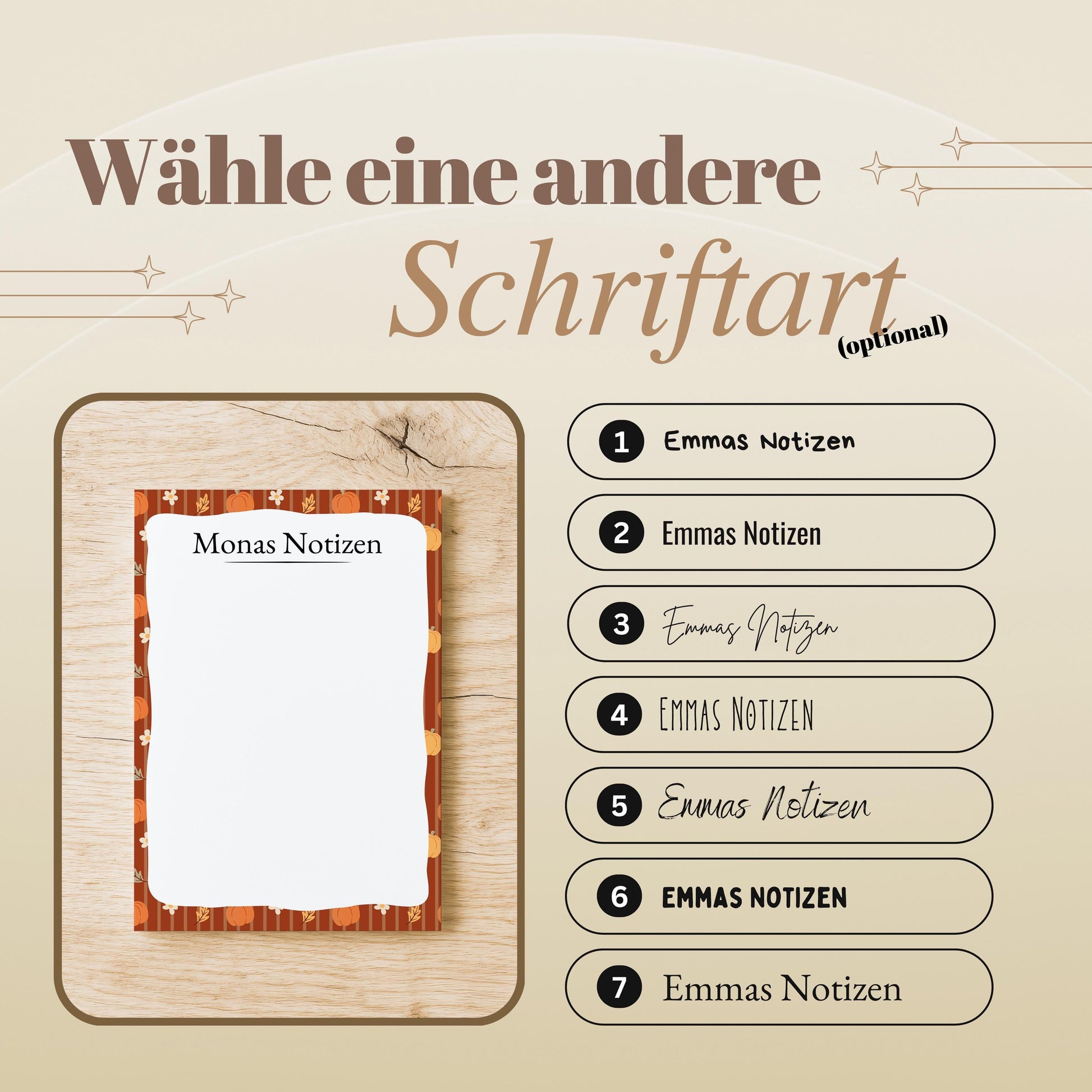 Notizblock Herbst Kürbis Design, 10x15 cm, 50 Blatt mit Leimbindung, personalisierbar mit Namen, Handmade