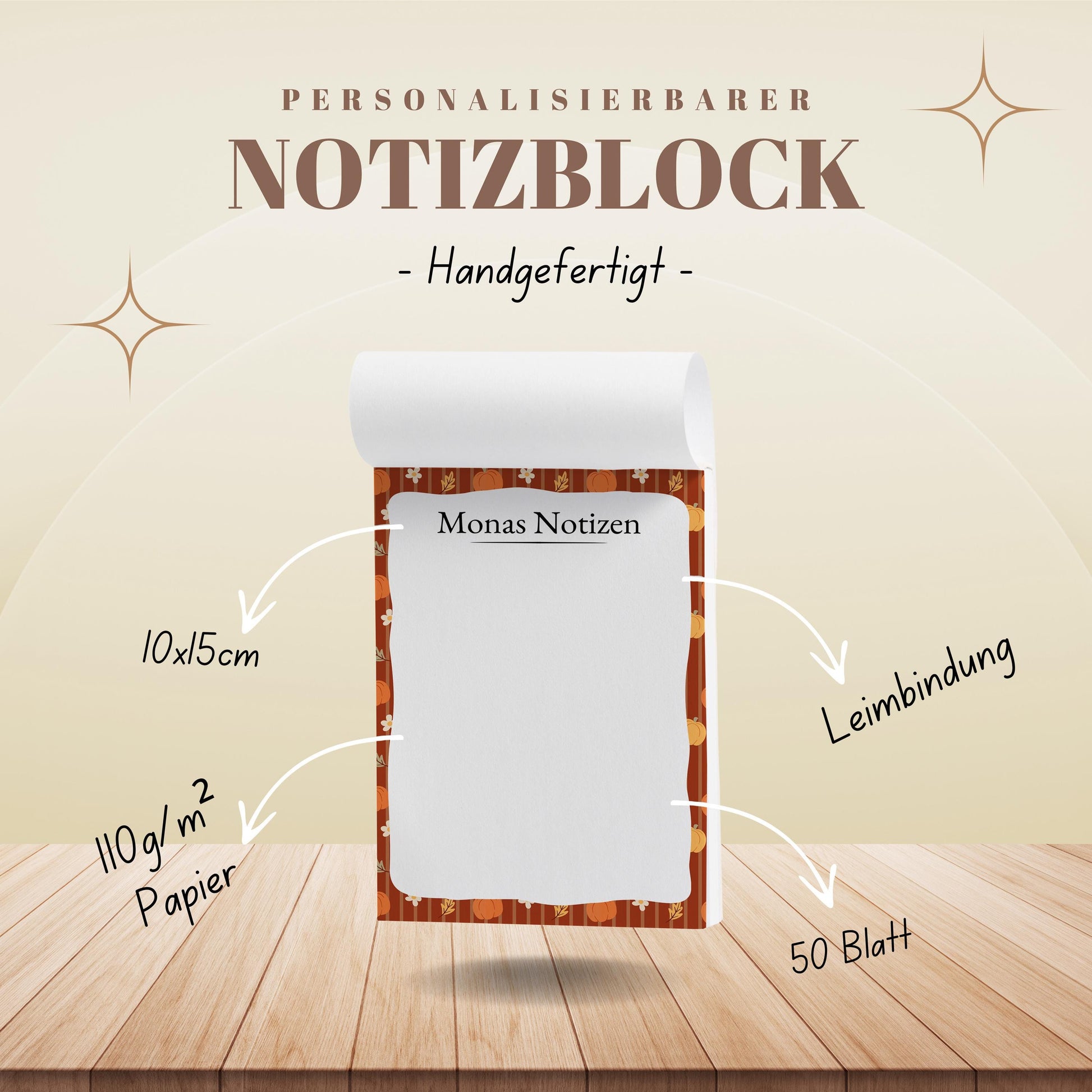 Notizblock Herbst Kürbis Design, 10x15 cm, 50 Blatt mit Leimbindung, personalisierbar mit Namen, Handmade