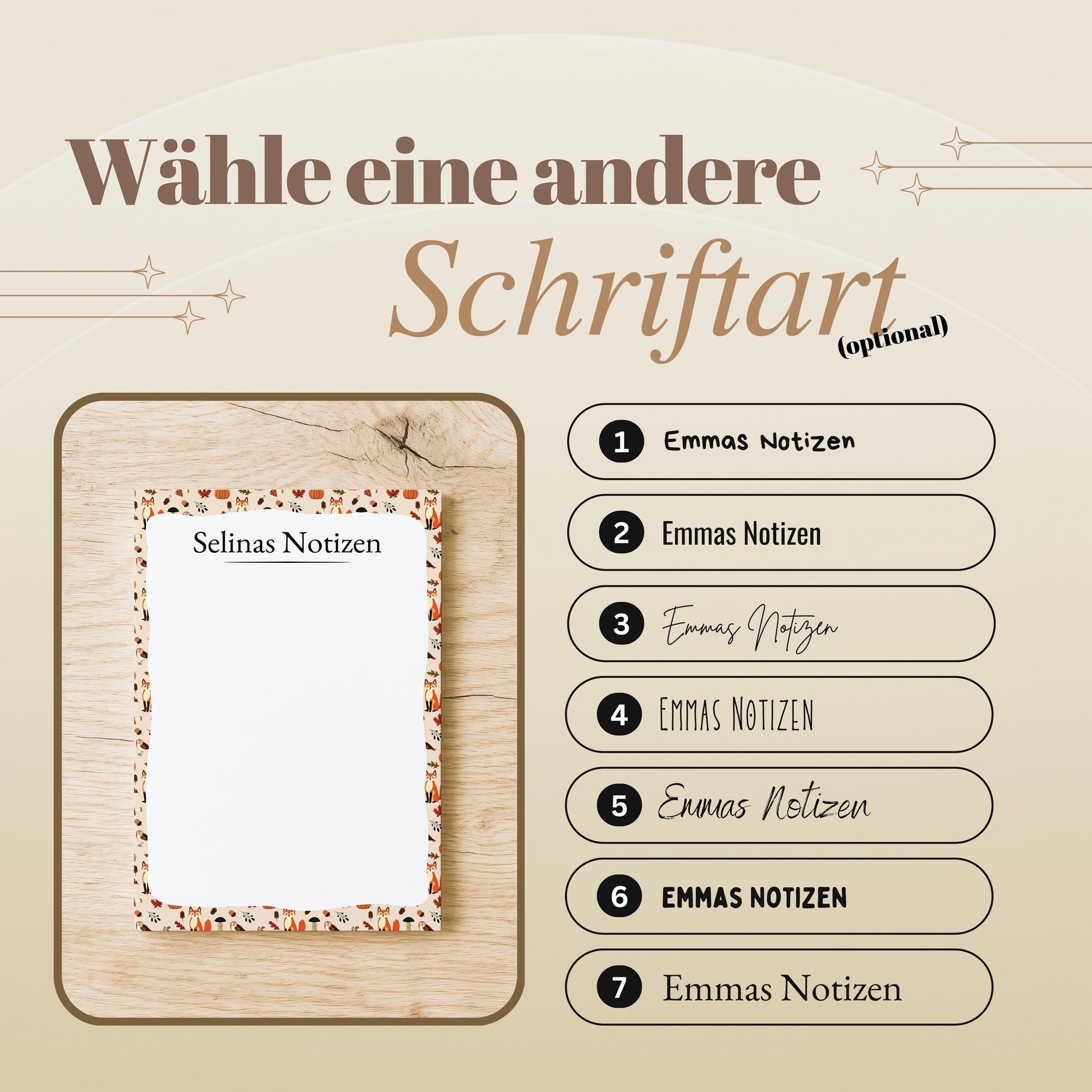 Notizblock Herbst Tiere Design, 10x15 cm, 50 Blatt mit Leimbindung, personalisierbar mit Namen, Handmade