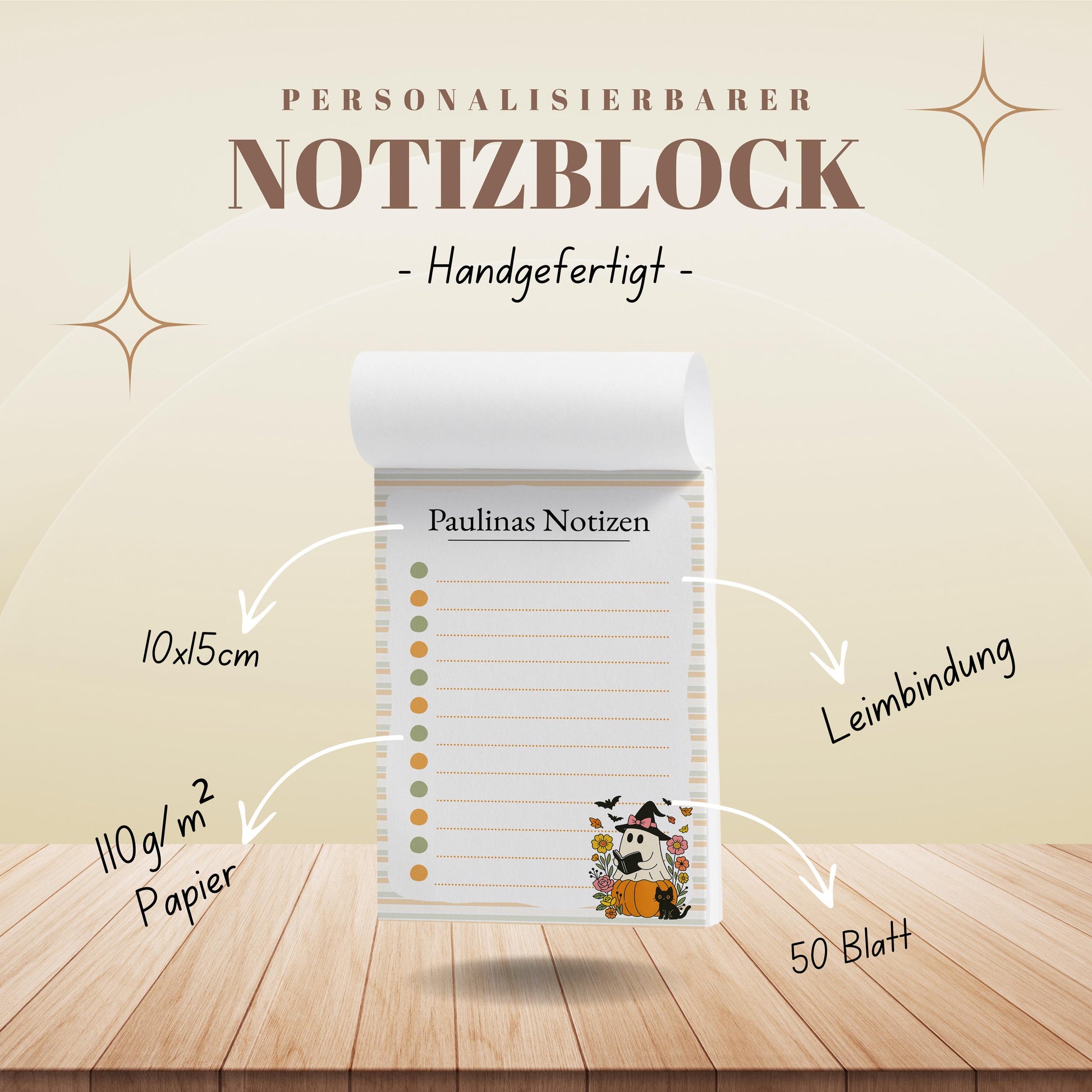 Notizblock Geist Design, 10x15 cm, 50 Blatt mit Leimbindung, personalisierbar mit Namen, Handmade