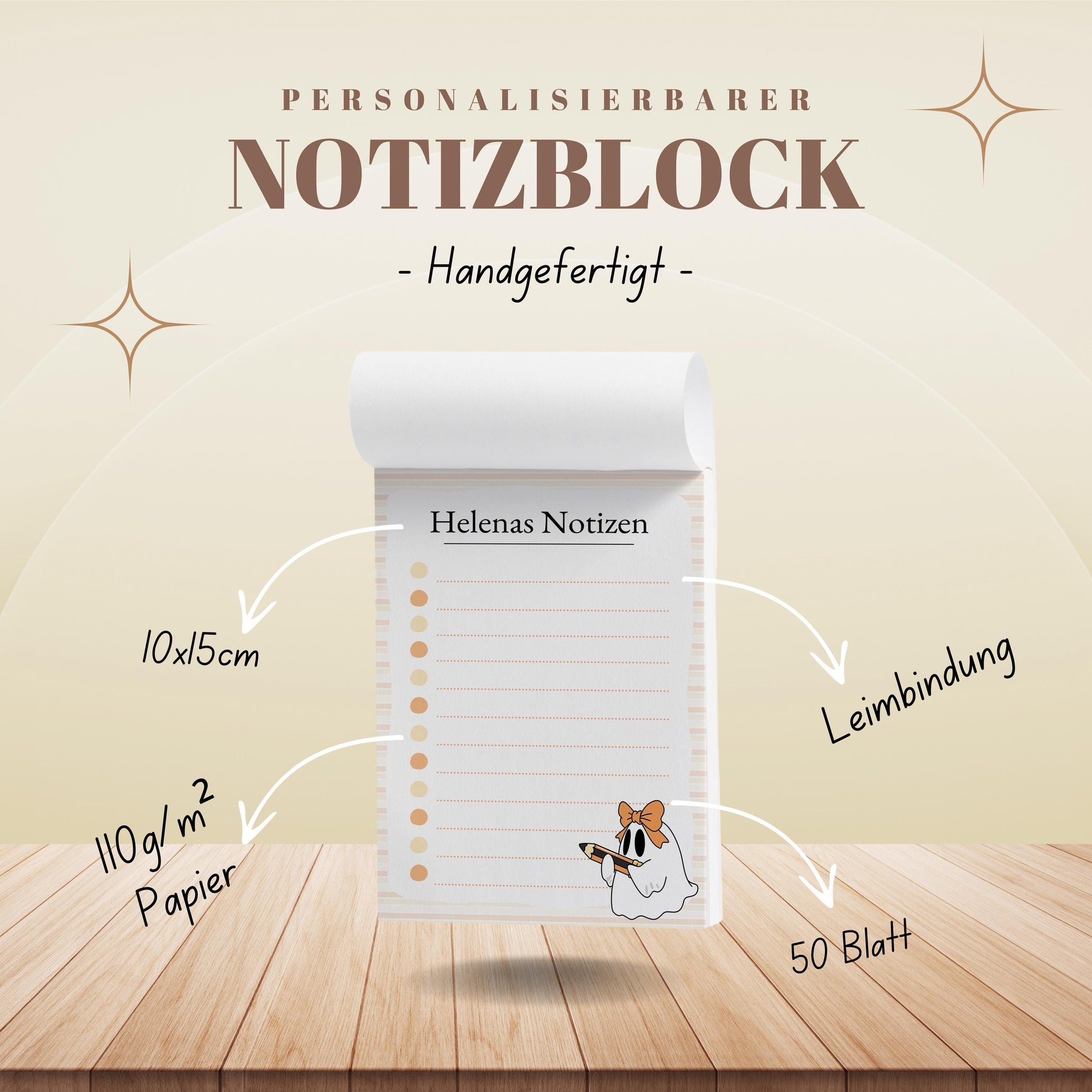 Notizblock Geist Design, 10x15 cm, 50 Blatt mit Leimbindung, personalisierbar mit Namen, Handmade