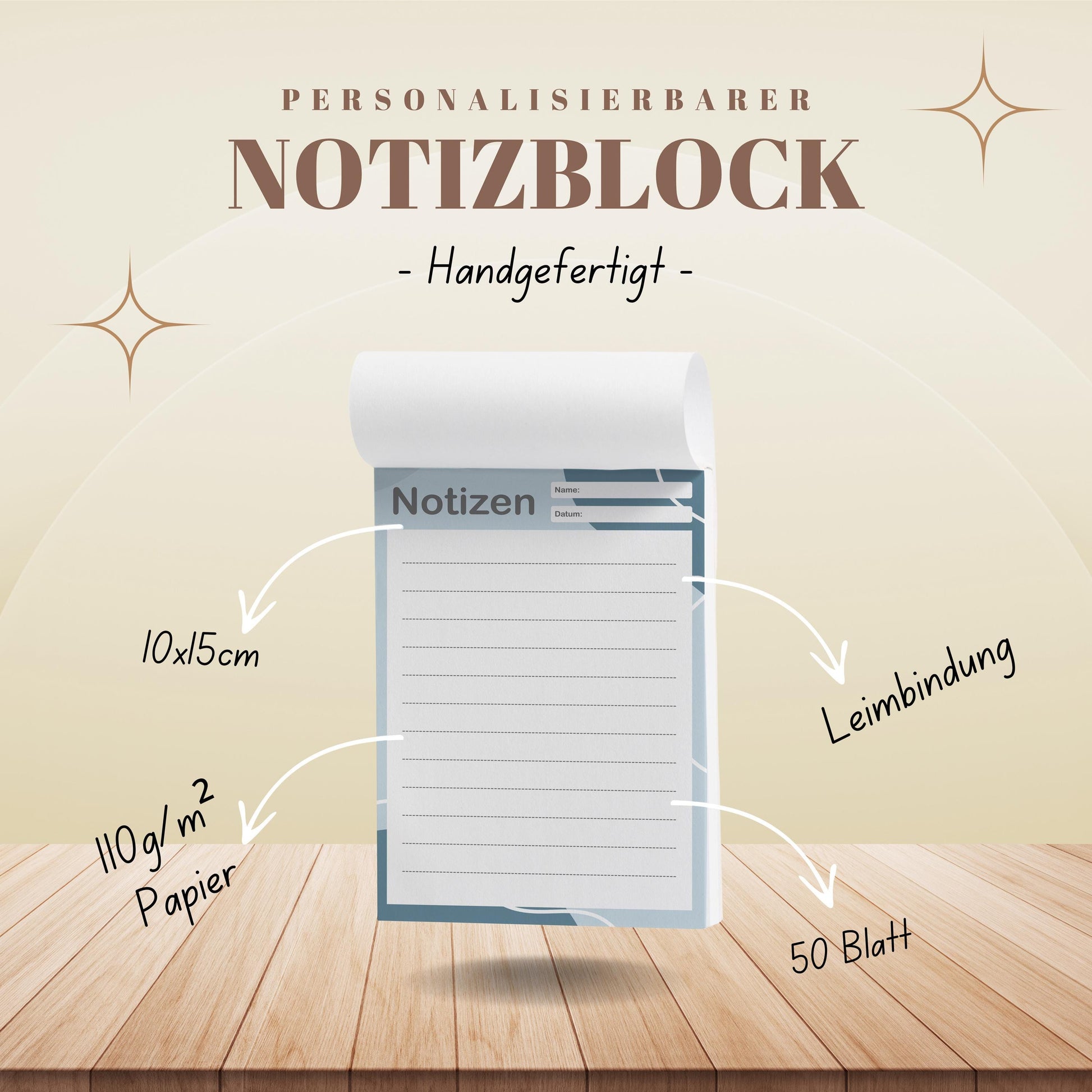 Notizblock Office Design, 10x15 cm, 50 Blatt mit Leimbindung, personalisierbar mit Namen, Handmade