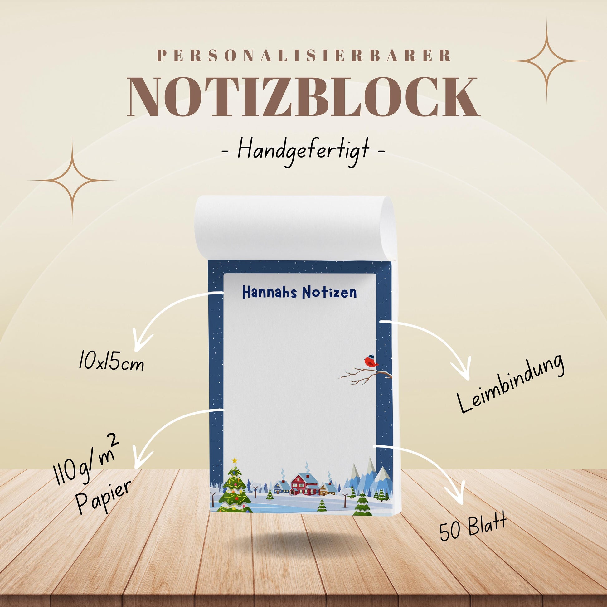 Notizblock Weihnachten Design, 10x15 cm, 50 Blatt mit Leimbindung, personalisierbar mit Namen, Handmade