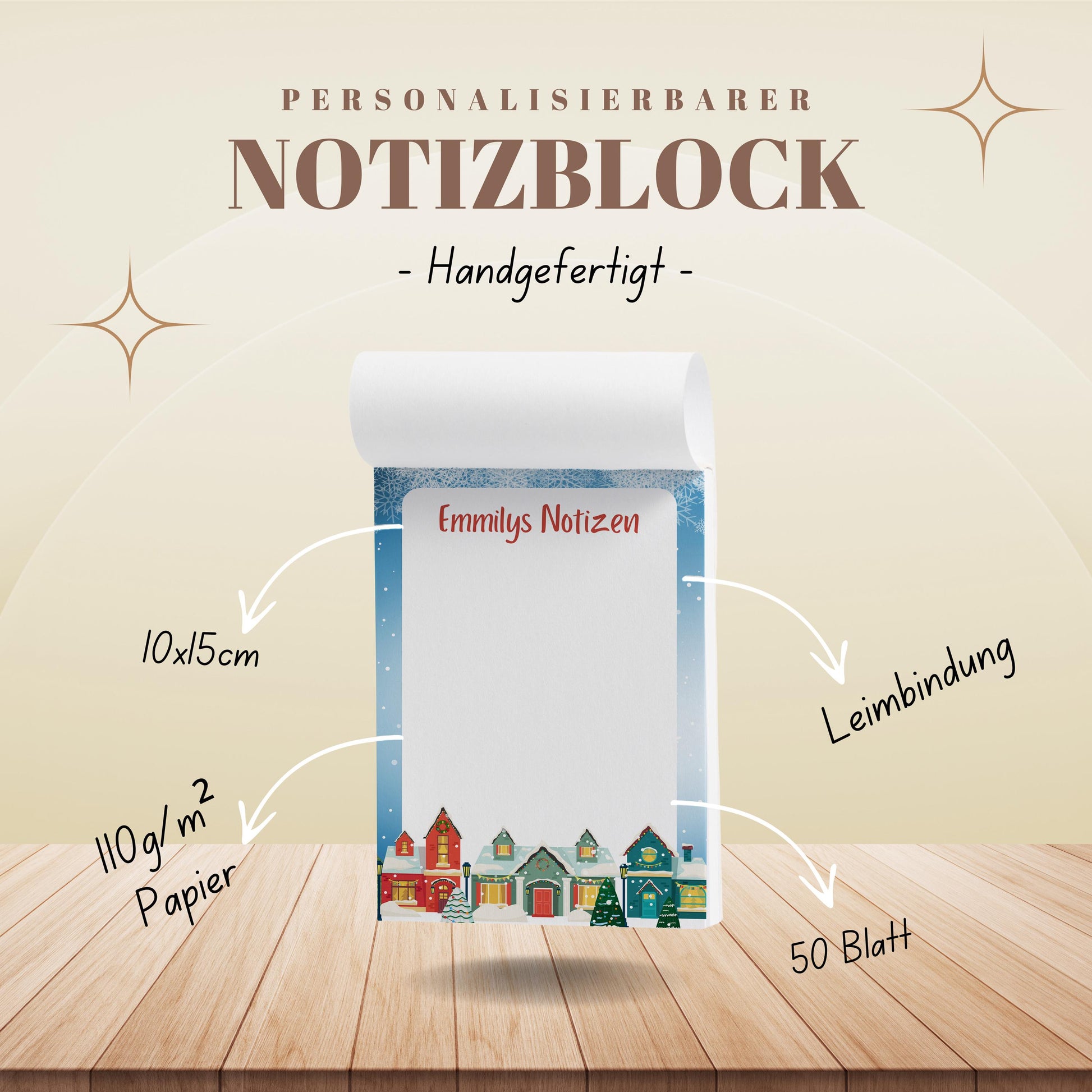 Notizblock Weihnachten Design, 10x15 cm, 50 Blatt mit Leimbindung, personalisierbar mit Namen, Handmade