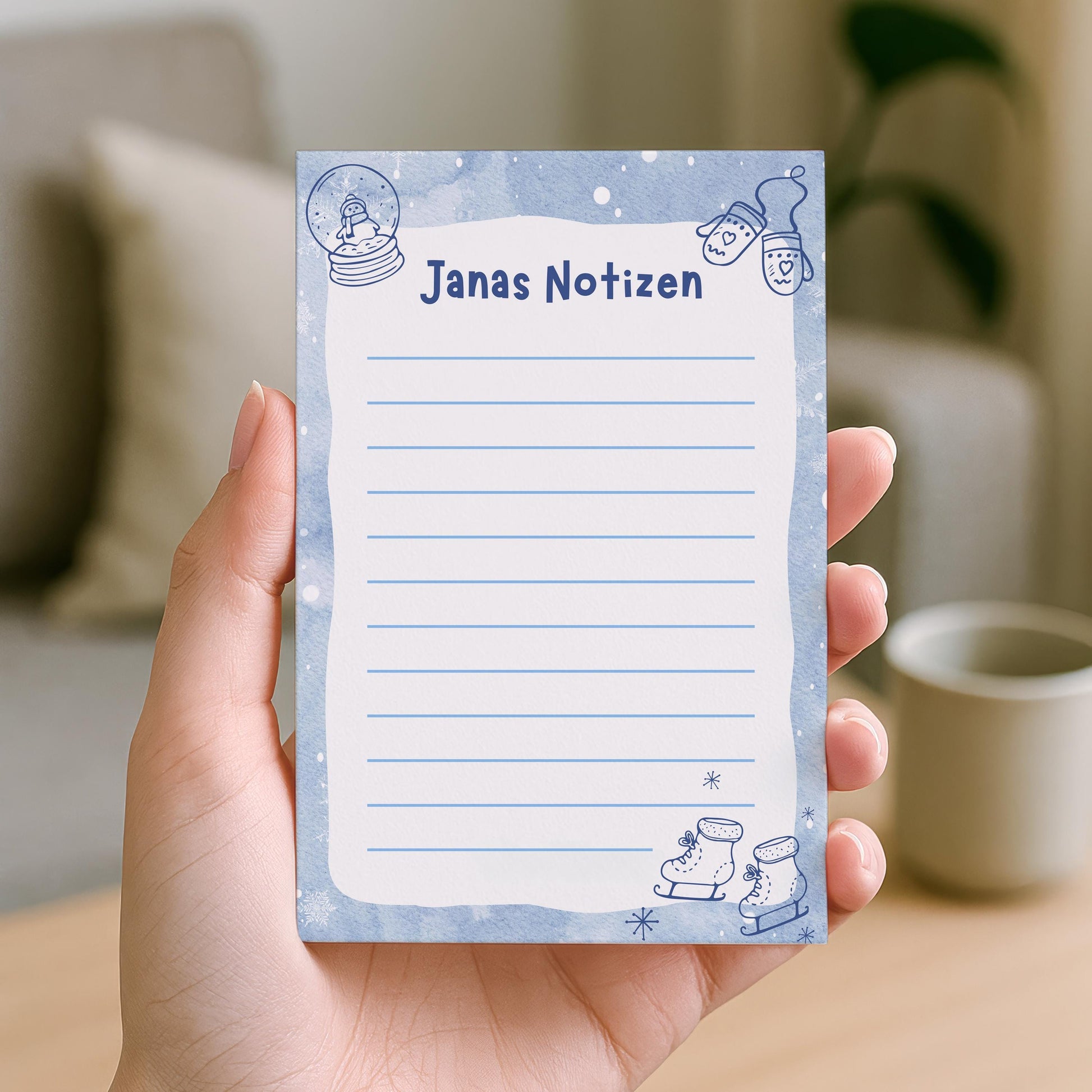 Notizblock Winter Design, 10x15 cm, 50 Blatt mit Leimbindung, personalisierbar mit Namen, Handmade