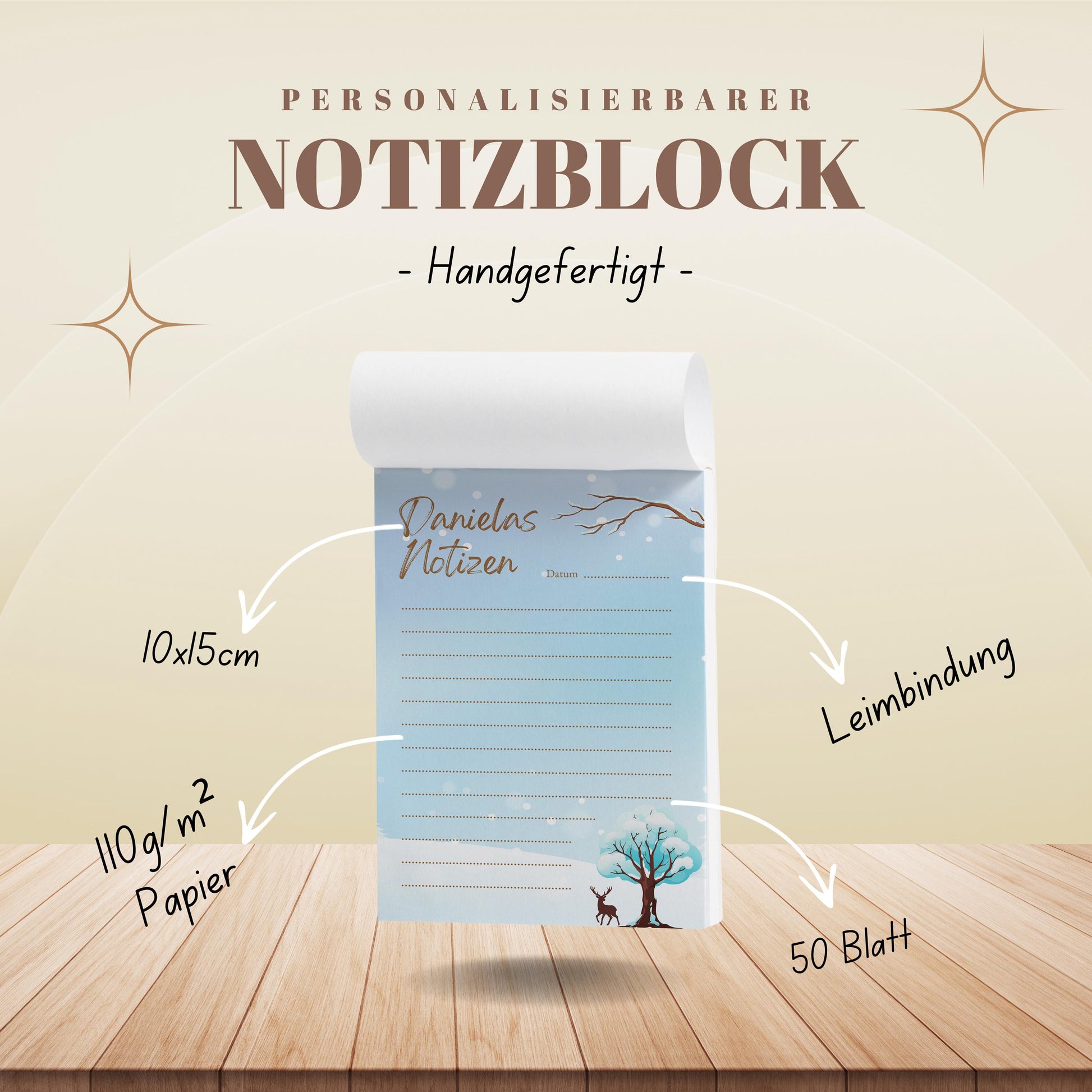 Notizblock Winter Design, 10x15 cm, 50 Blatt mit Leimbindung, personalisierbar mit Namen, Handmade