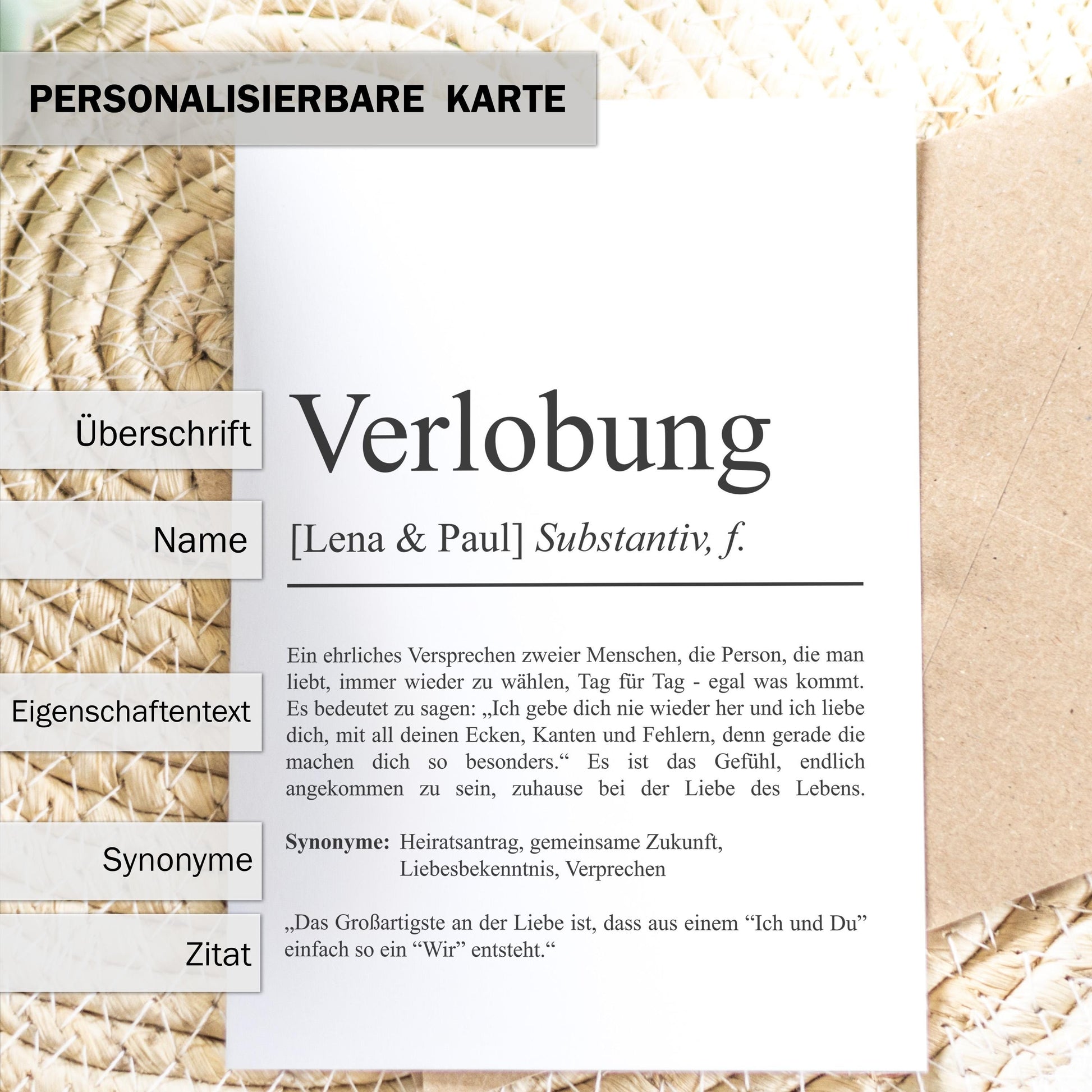 Verlobung Definition Karte personalisierbar mit Namen Verlobung Grußkarte Geschenk für Verliebte Postkarte Definition Verlobung Klappkarte