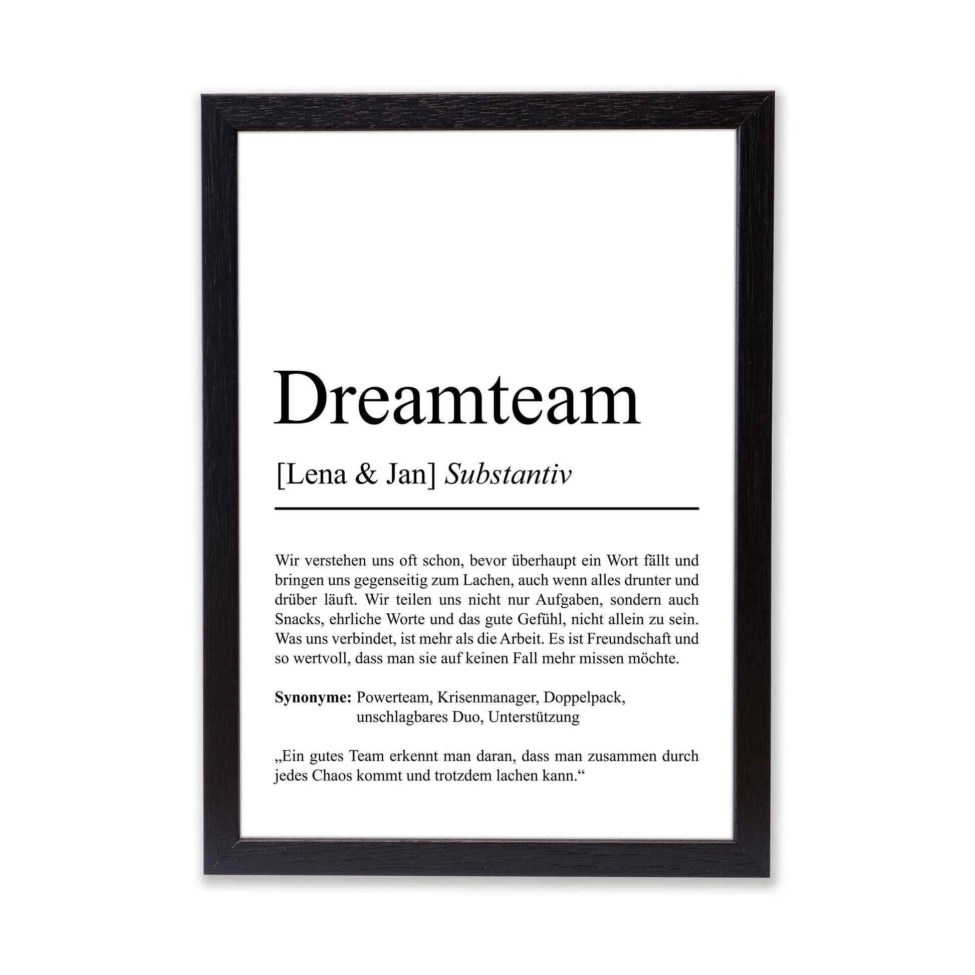 Dream Team Definition Poster, 100% personalisierbar, mit Namen, Massivholzrahmen, Last Minute Geschenk für Kollegin