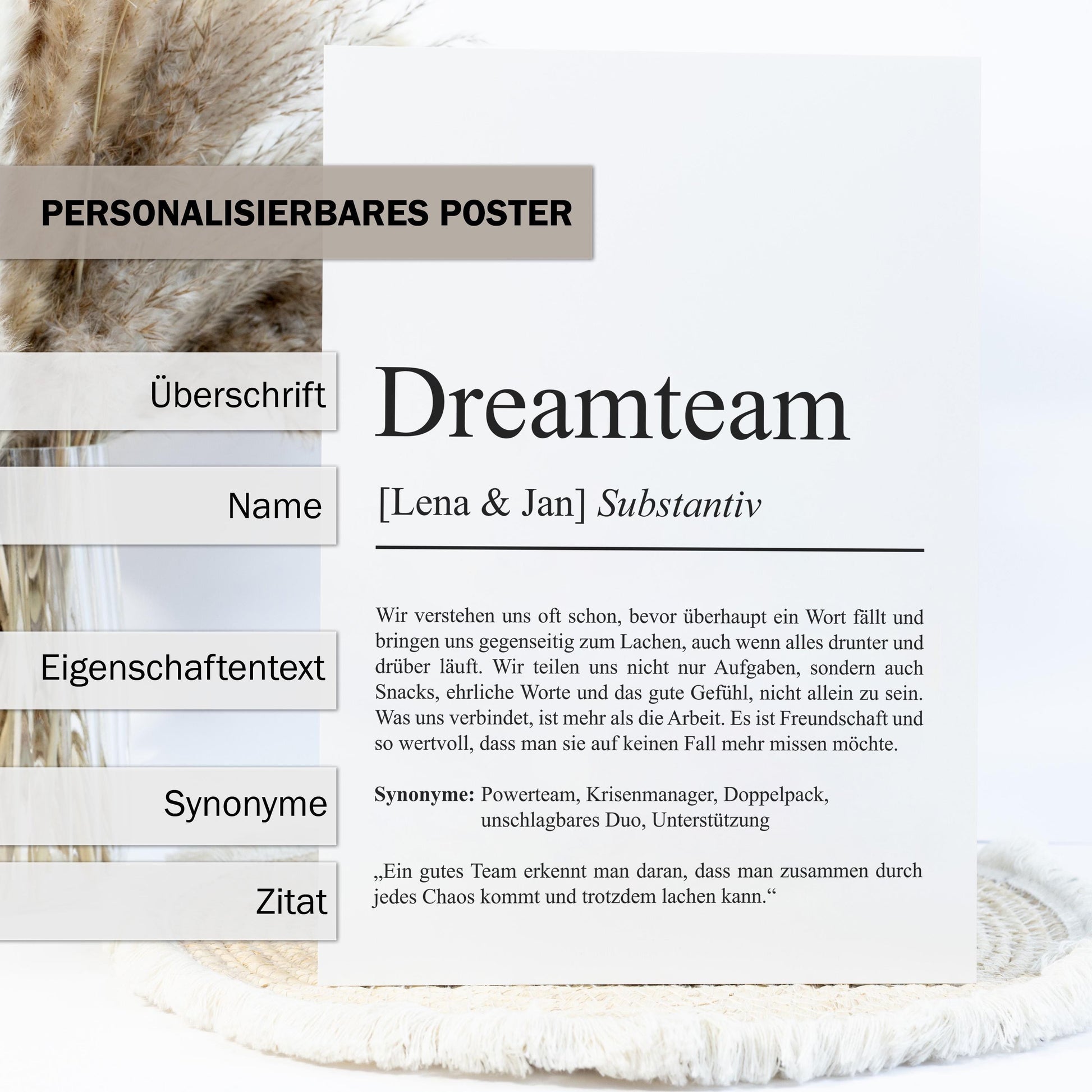 Dream Team Definition Poster, 100% personalisierbar, mit Namen, Massivholzrahmen, Last Minute Geschenk für Kollegin