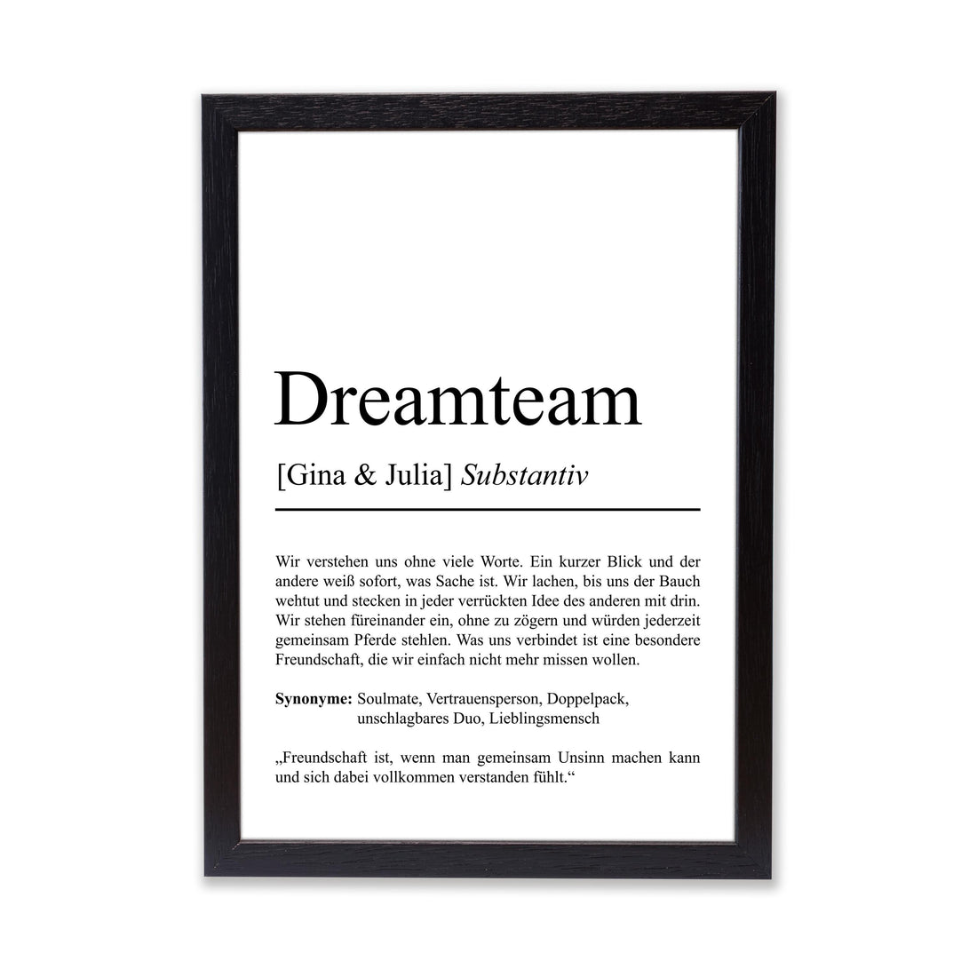Dreamteam Definition Poster, Freundschaft, 100% personalisierbar, mit Namen, Massivholzrahmen, Last Minute Geschenk Freunde