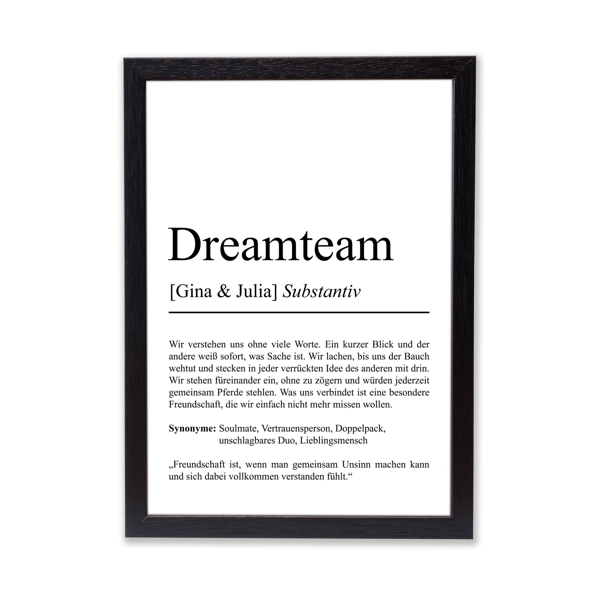 Dreamteam Definition Poster, Freundschaft, 100% personalisierbar, mit Namen, Massivholzrahmen, Last Minute Geschenk Freunde
