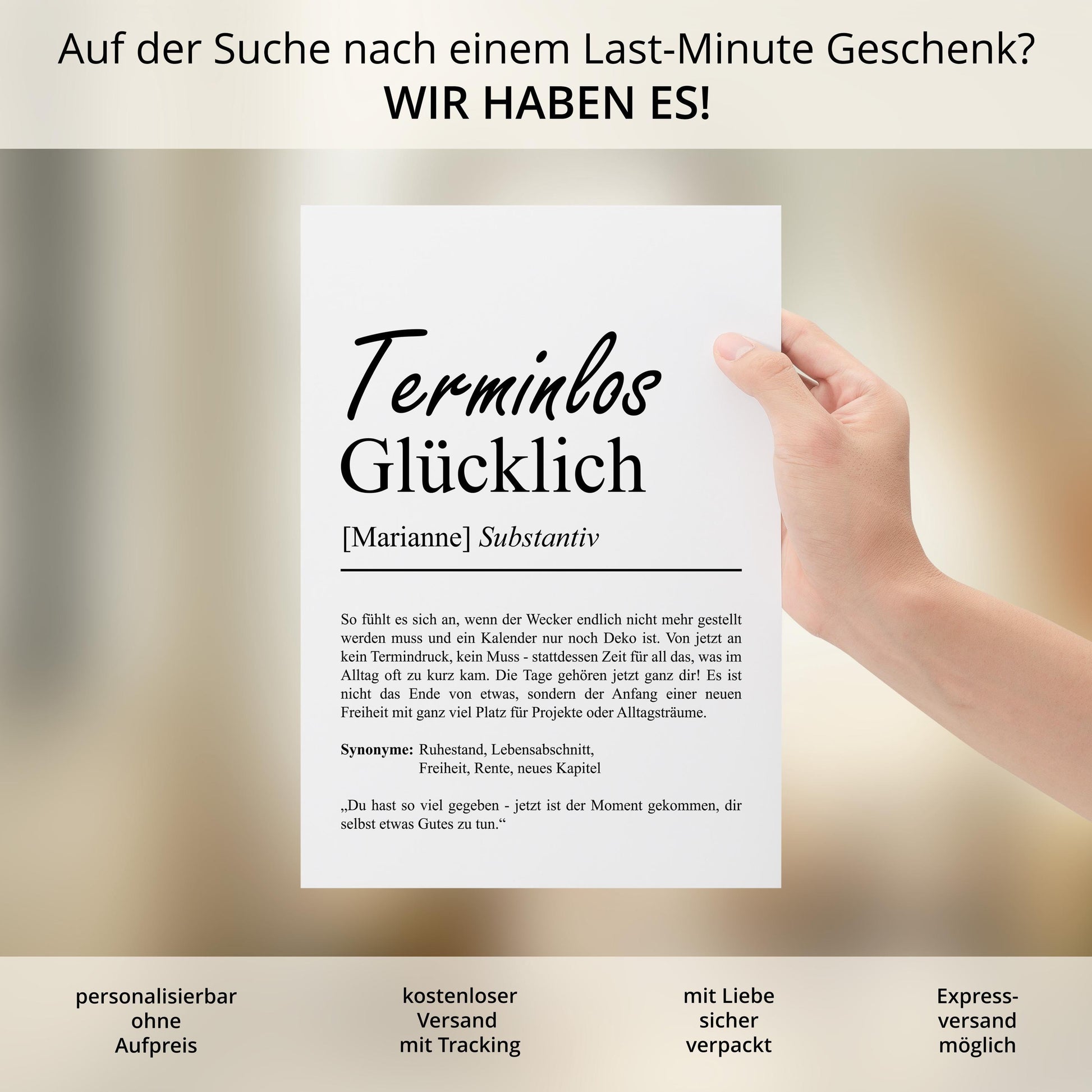 Terminlos Glücklich Definition Poster, personalisierbar mit Namen, Massivholzrahmen, Last Minute Geschenk Ruhestand, Geschenkidee Kollegen