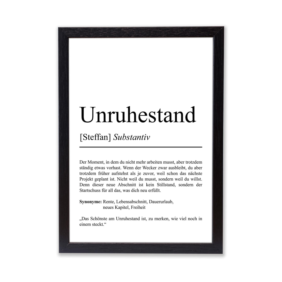Unruhestand Definition Poster, personalisierbar mit Namen, Massivholzrahmen, Last Minute Geschenk Ruhestand, Geschenkidee Kollegen
