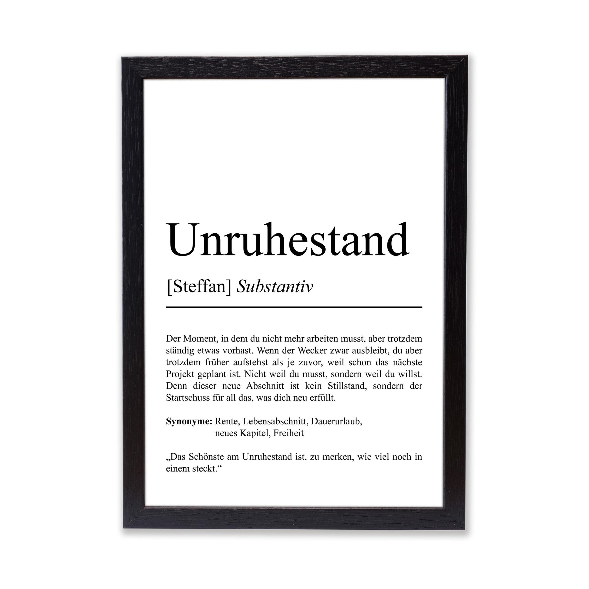 Unruhestand Definition Poster, personalisierbar mit Namen, Massivholzrahmen, Last Minute Geschenk Ruhestand, Geschenkidee Kollegen
