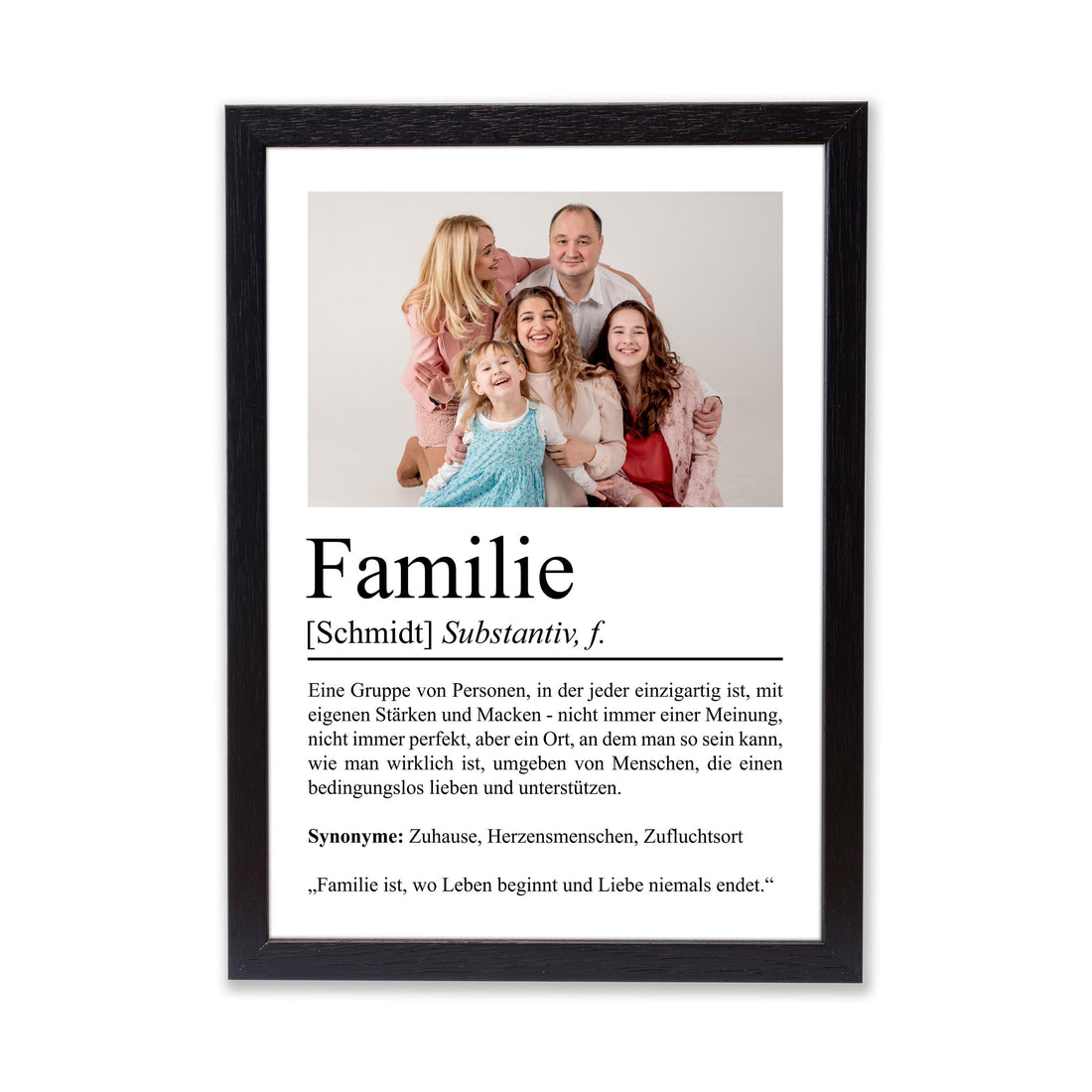 Familie Definition Poster, personalisierbar mit Bild + Namen, Massivholzrahmen, Last Minute Geschenk, Wanddeko Wohnzimmer