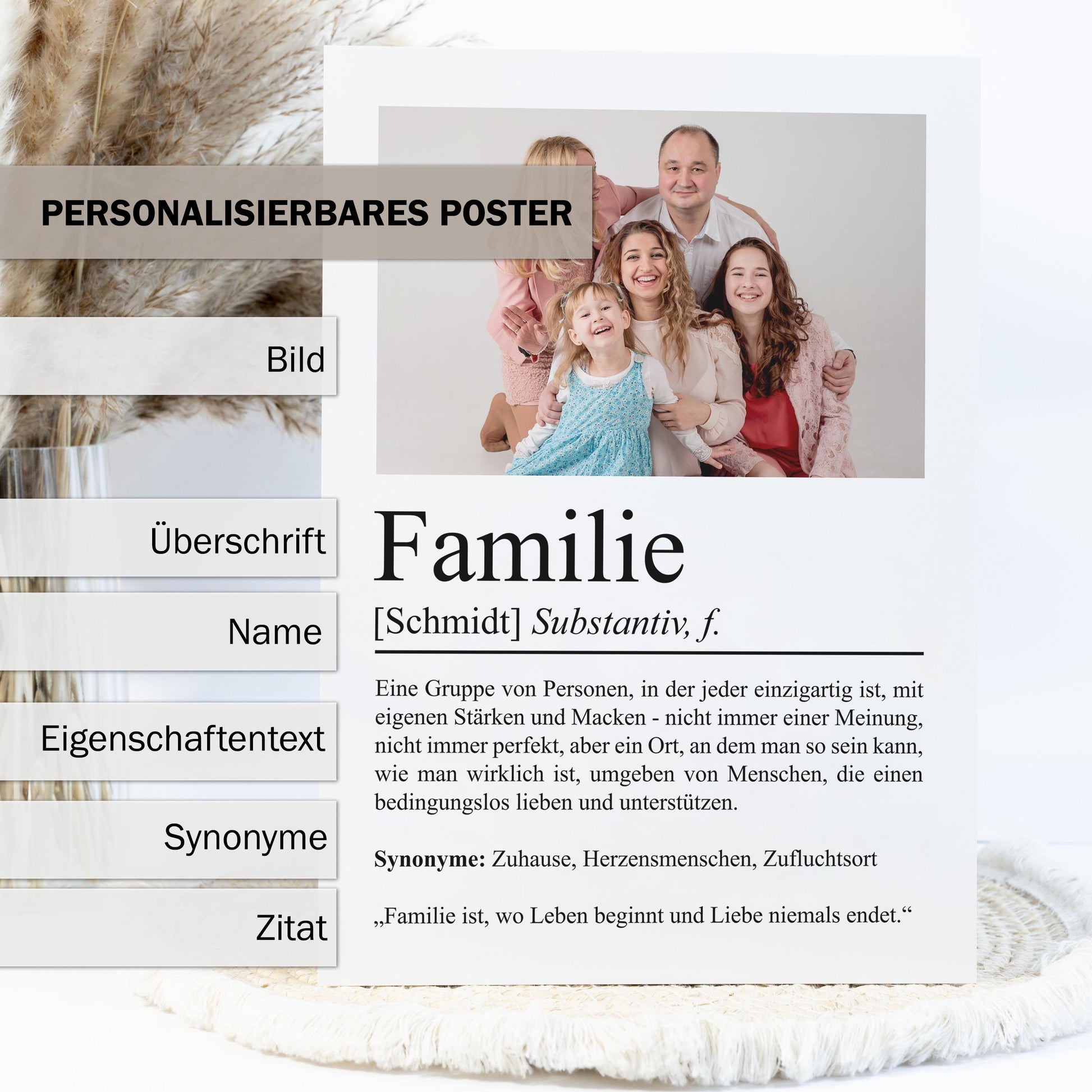Familie Definition Poster, personalisierbar mit Bild + Namen, Massivholzrahmen, Last Minute Geschenk, Wanddeko Wohnzimmer