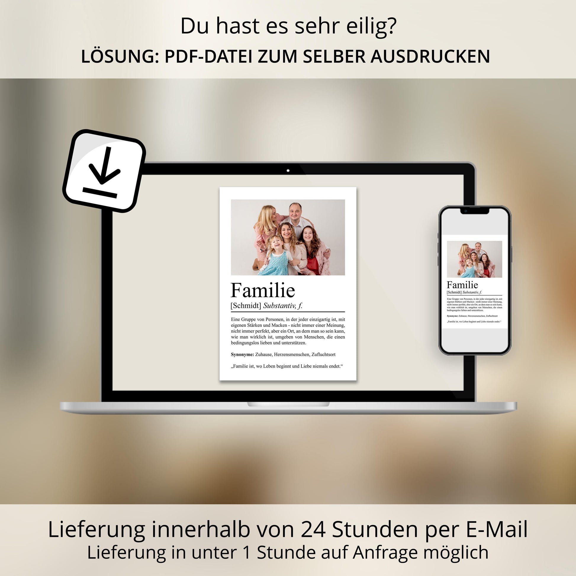 Familie Definition Poster, personalisierbar mit Bild + Namen, Massivholzrahmen, Last Minute Geschenk, Wanddeko Wohnzimmer