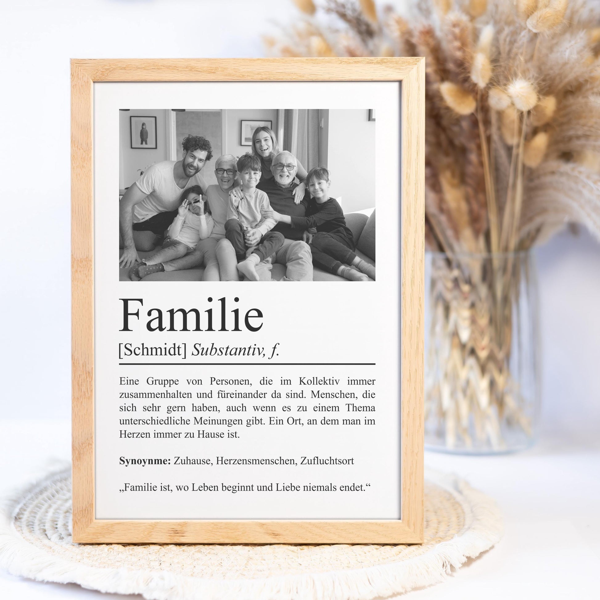 Familie Definition Poster, personalisierbar mit Bild + Namen, Massivholzrahmen, Last Minute Geschenk, Wanddeko Wohnzimmer