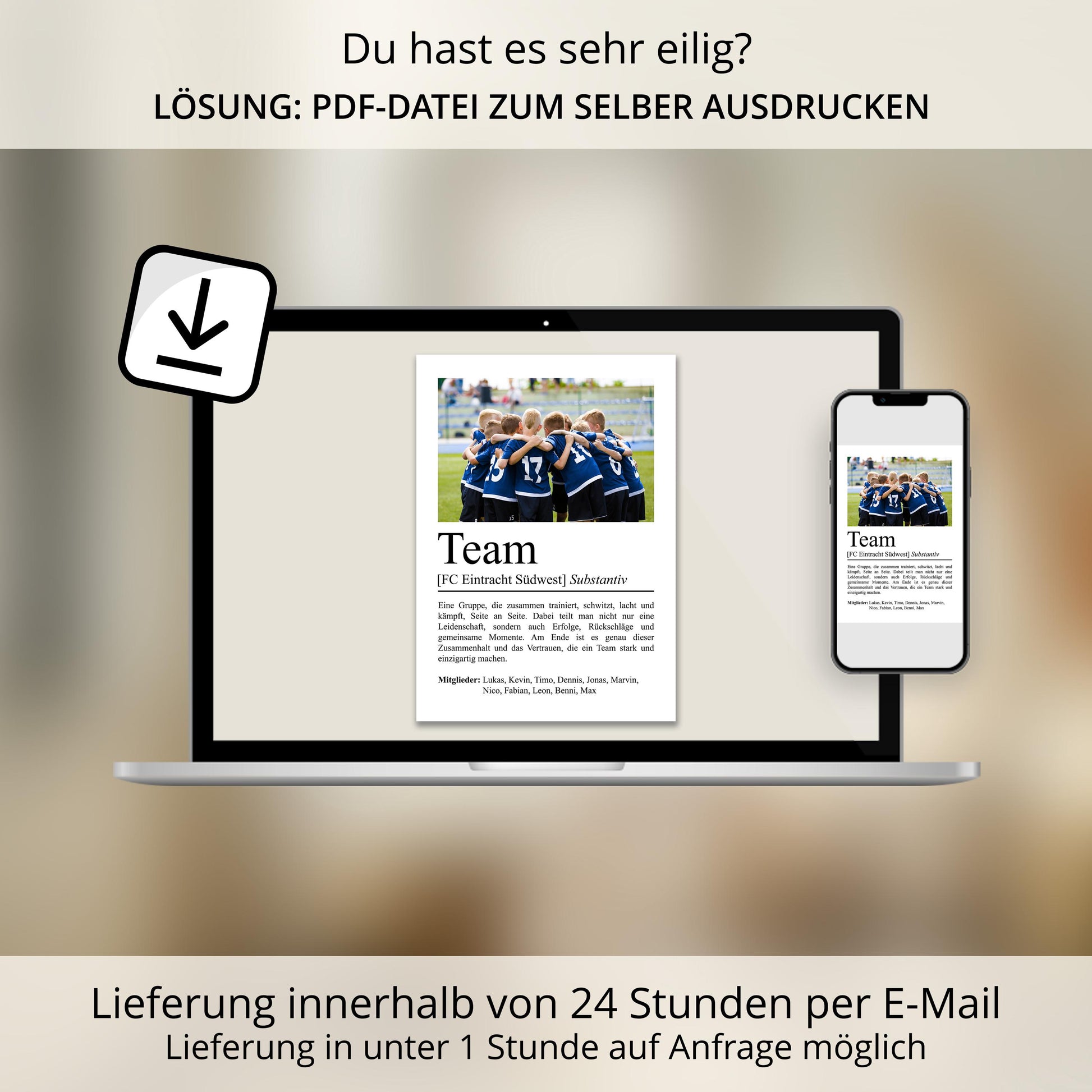 Team Definition Poster, personalisierbar mit Bild + Namen, Poster Vereinssport, Massivholzrahmen, Last Minute Geschenk Vereinsmitglied