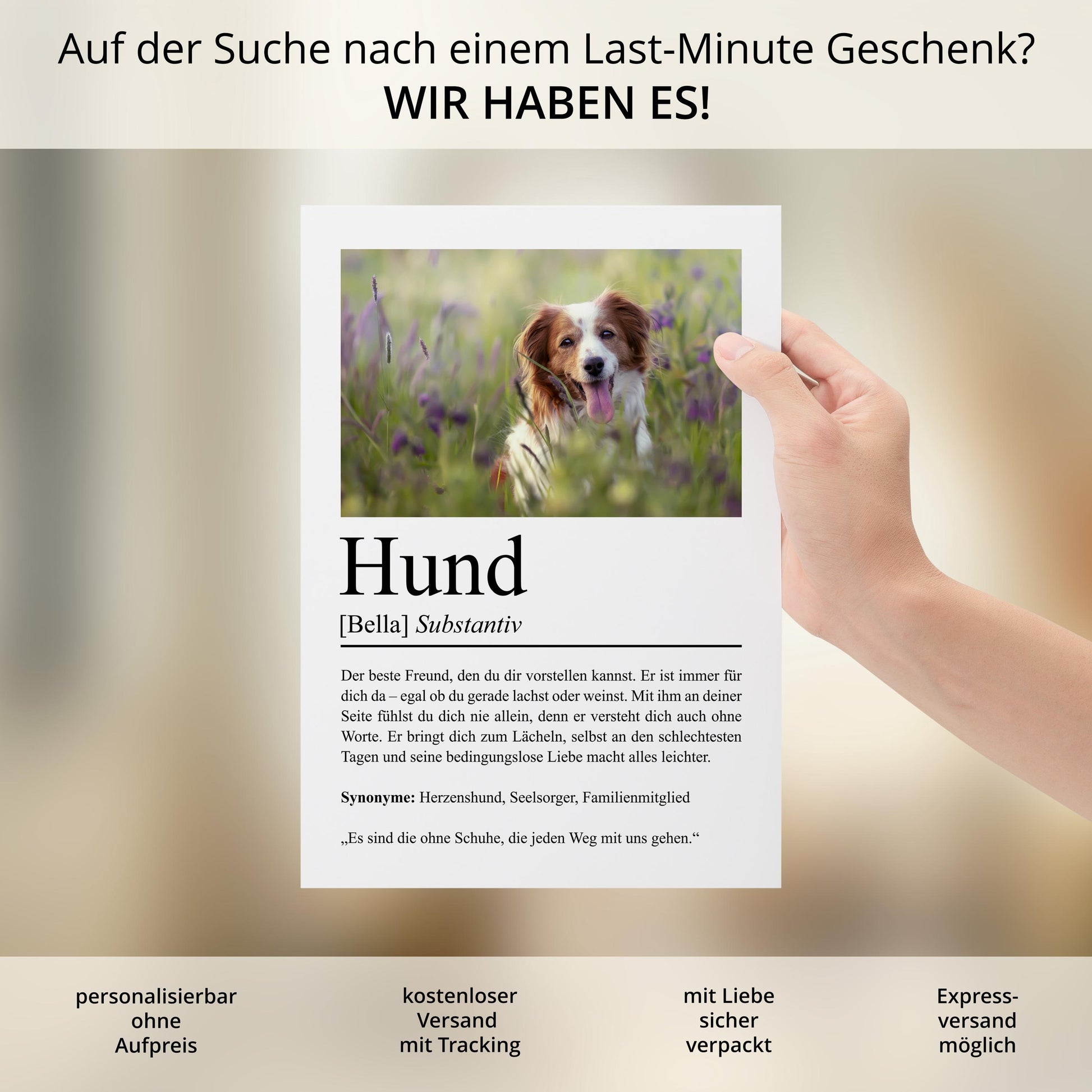 Hund Definition Poster, personalisierbar mit Bild + Name, Massivholzrahmen, Last Minute Geschenk Hundehalter