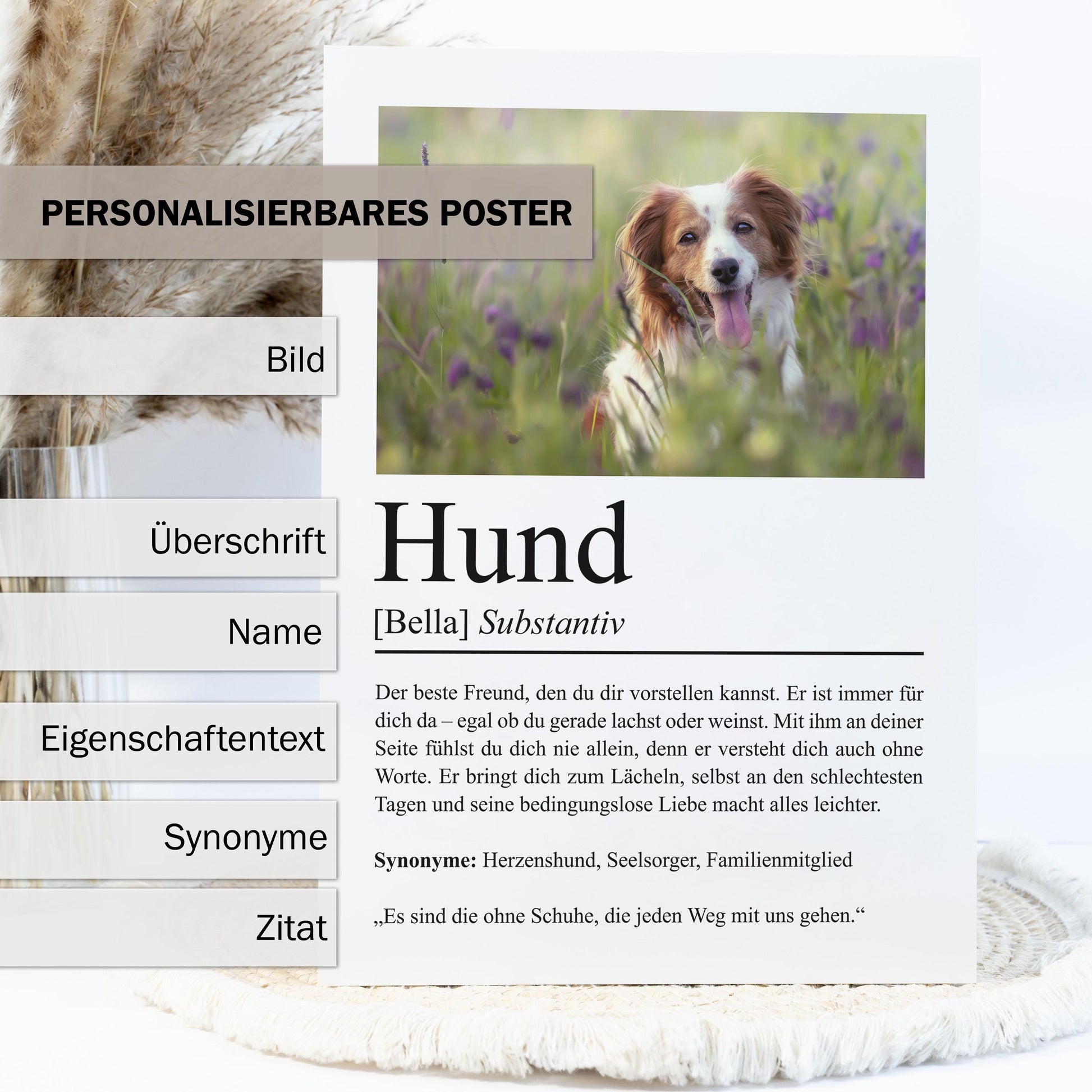 Hund Definition Poster, personalisierbar mit Bild + Name, Massivholzrahmen, Last Minute Geschenk Hundehalter