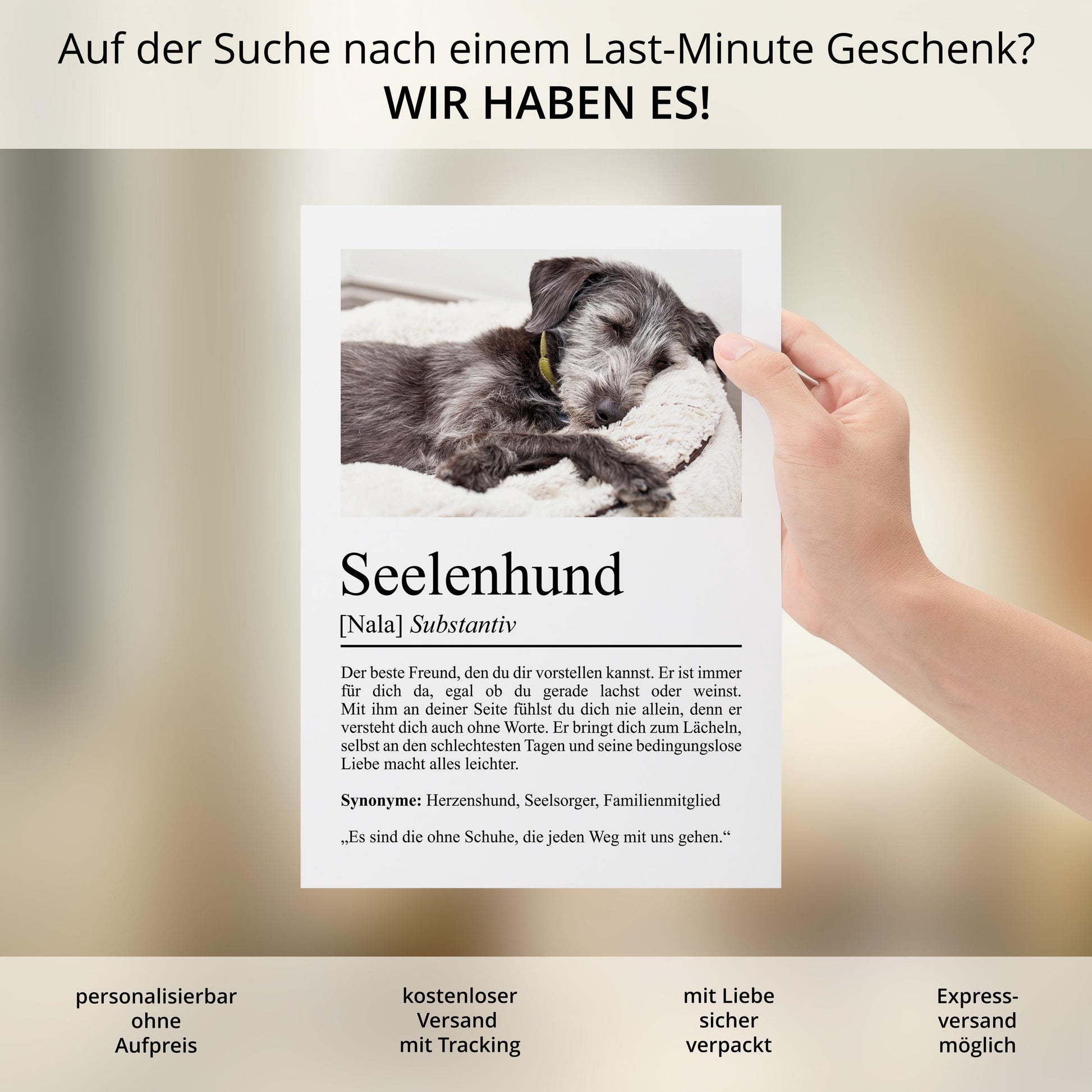 Seelenhund Definition Poster, personalisierbar mit Bild + Name, Massivholzrahmen, Last Minute Geschenk Hundehalter