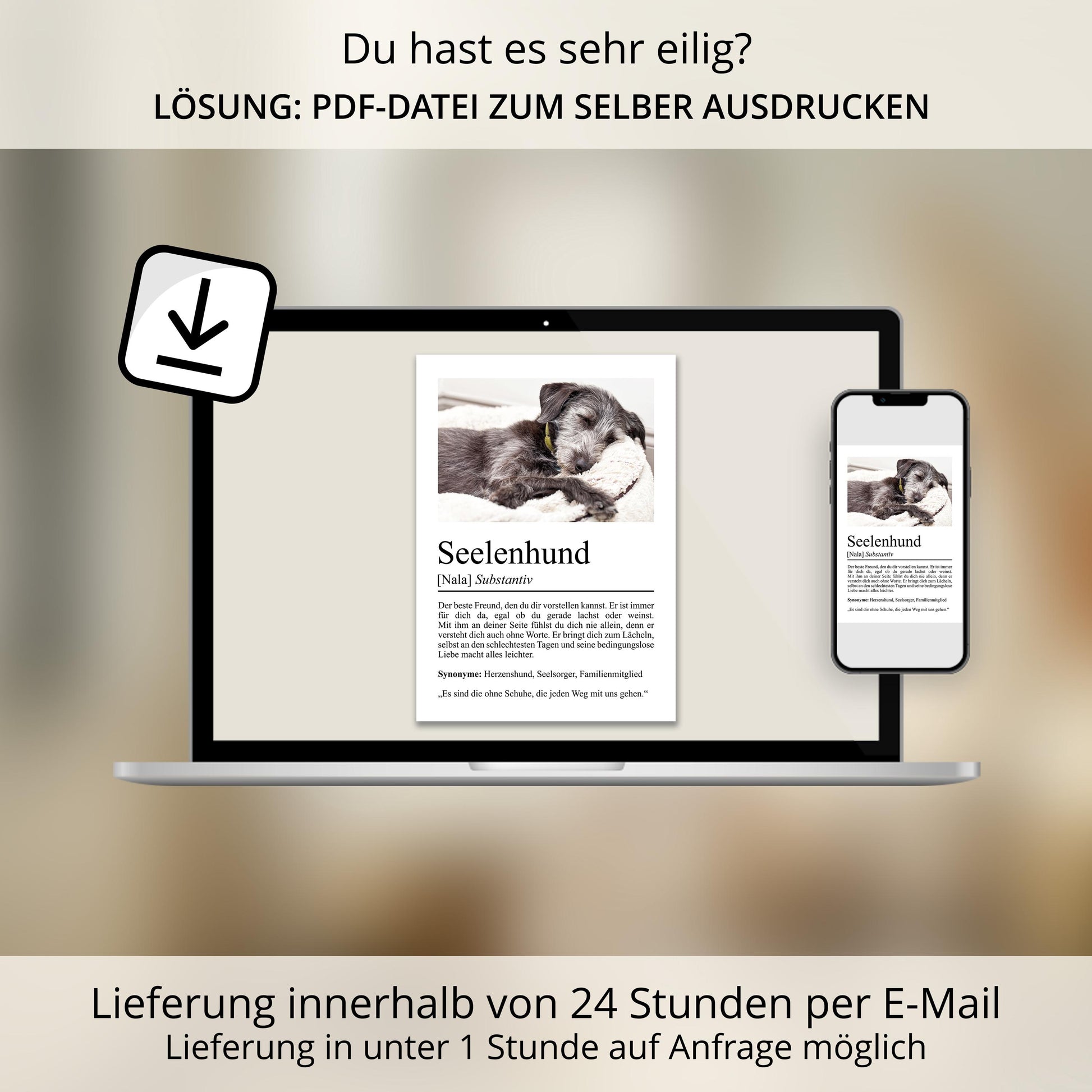 Seelenhund Definition Poster, personalisierbar mit Bild + Name, Massivholzrahmen, Last Minute Geschenk Hundehalter