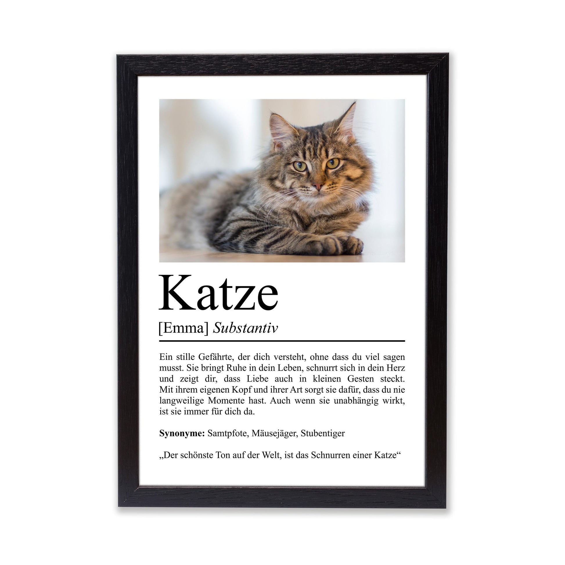 Katze Definition Poster, personalisierbar mit Bild + Name, Massivholzrahmen, Last Minute Geschenk Katzenbesitzer