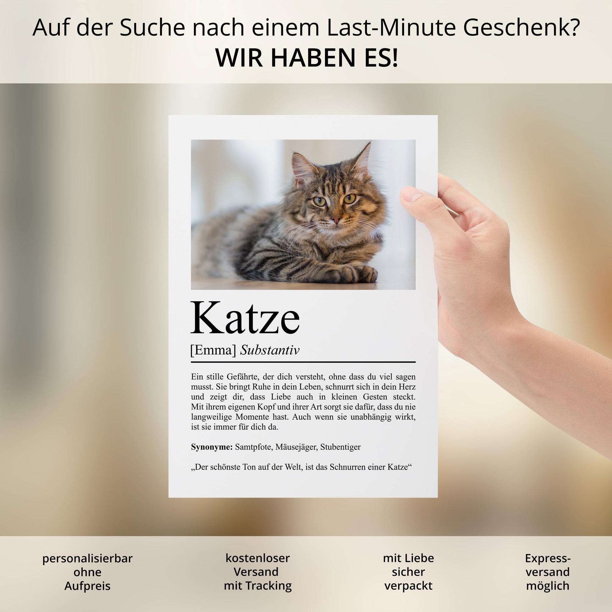 Katze Definition Poster, personalisierbar mit Bild + Name, Massivholzrahmen, Last Minute Geschenk Katzenbesitzer