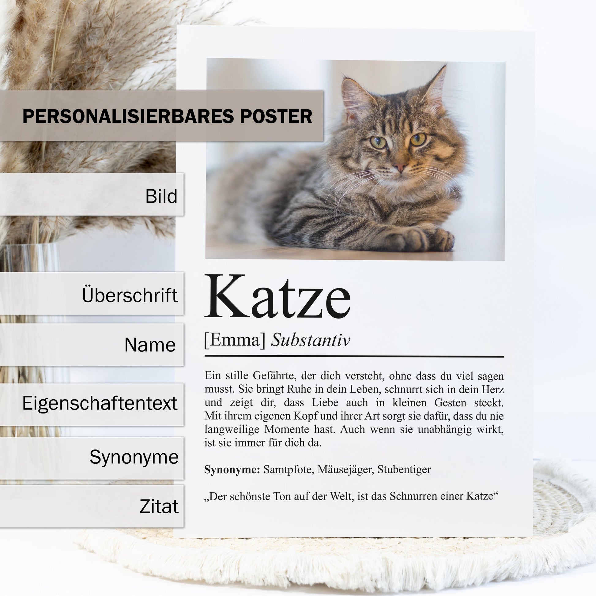Katze Definition Poster, personalisierbar mit Bild + Name, Massivholzrahmen, Last Minute Geschenk Katzenbesitzer