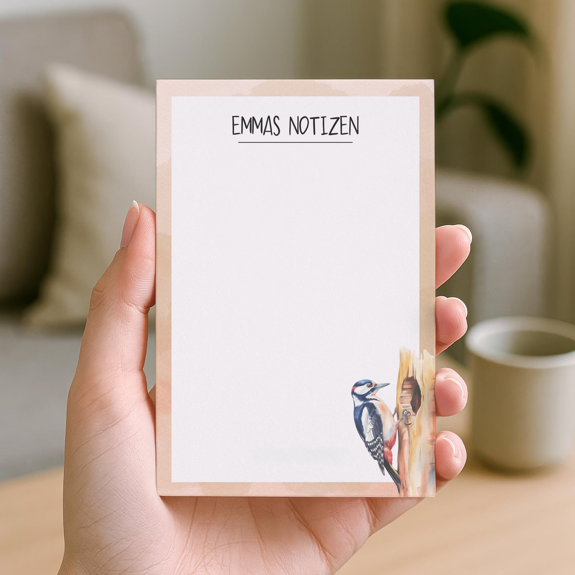 Notizblock Specht Vogel Design, 10x15 cm, 50 Blatt mit Leimbindung, personalisierbar mit Namen, Handmade, Geschenk Ornithologe