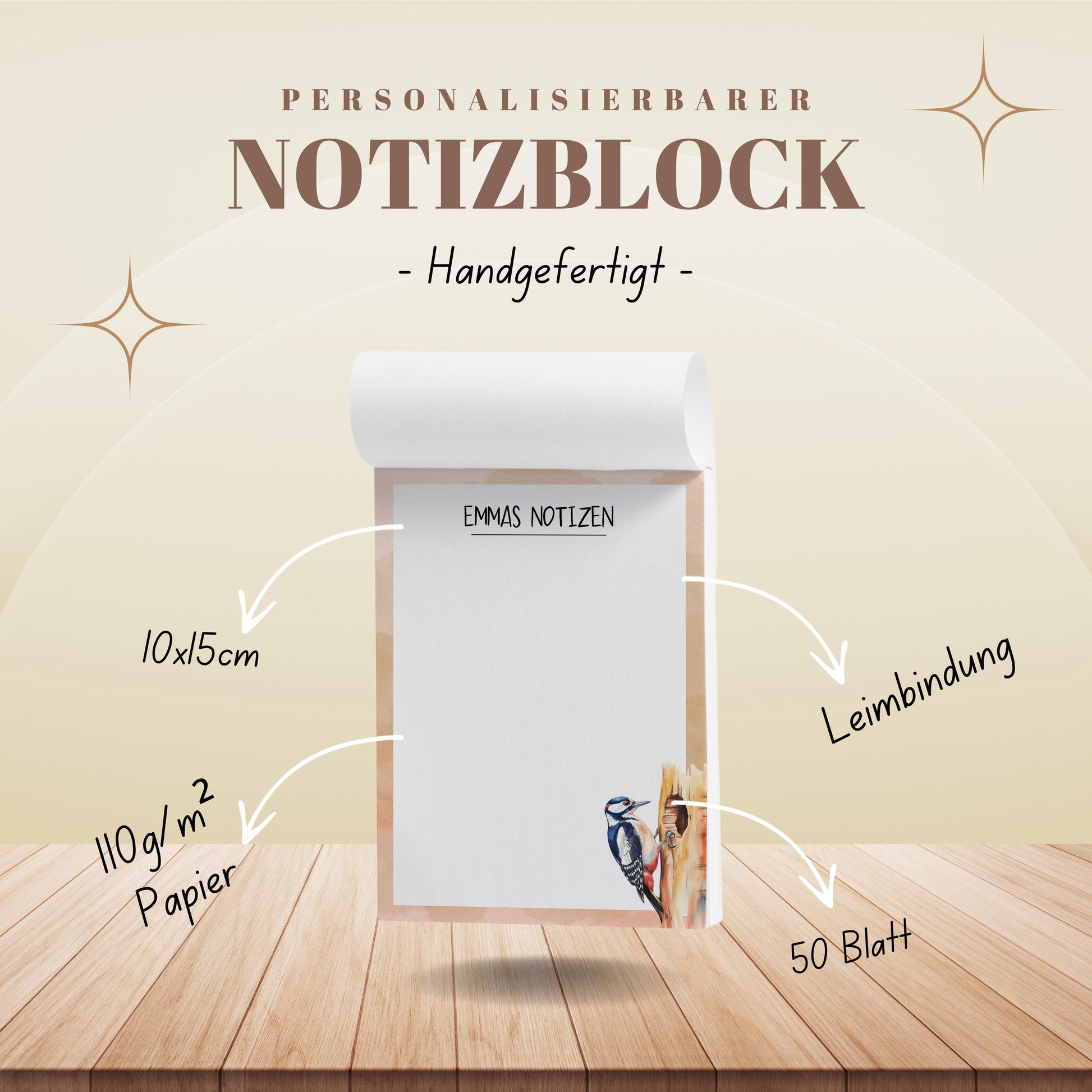 Notizblock Specht Vogel Design, 10x15 cm, 50 Blatt mit Leimbindung, personalisierbar mit Namen, Handmade, Geschenk Ornithologe