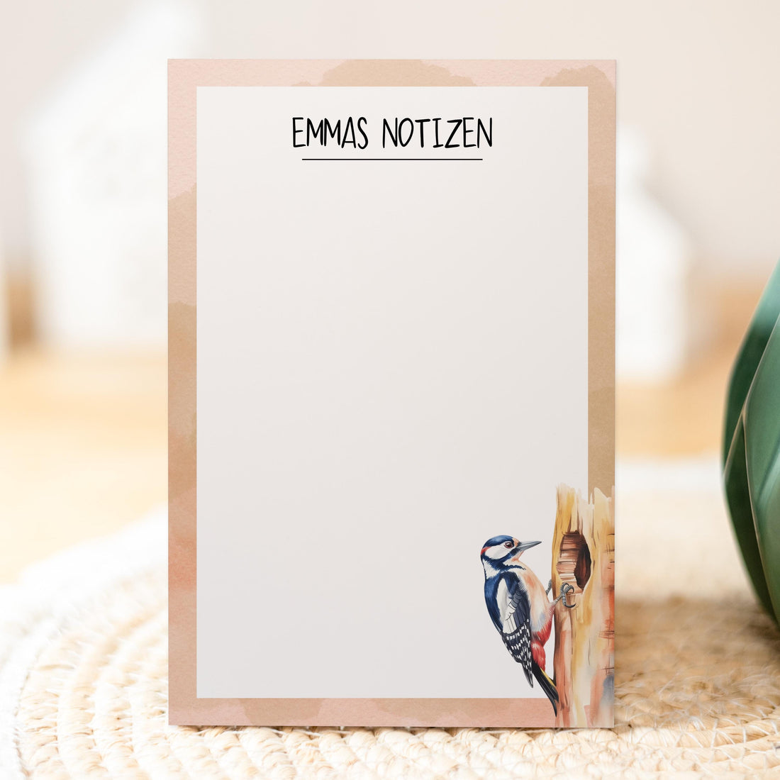 Notizblock Specht Vogel Design, 10x15 cm, 50 Blatt mit Leimbindung, personalisierbar mit Namen, Handmade, Geschenk Ornithologe