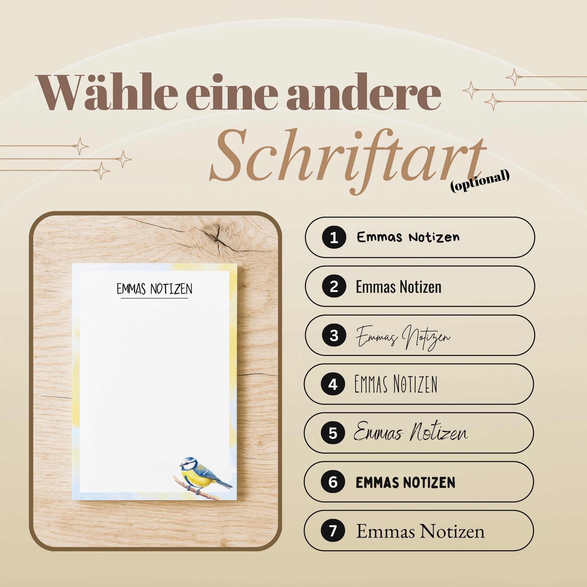 Notizblock Blaumeise Vogel Design, 10x15 cm, 50 Blatt mit Leimbindung, personalisierbar mit Namen, Handmade, Geschenk Ornithologe