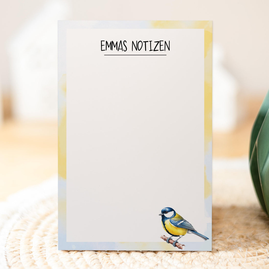 Notizblock Kohlmeise Vogel Design, 10x15 cm, 50 Blatt mit Leimbindung, personalisierbar mit Namen, Handmade, Geschenk Ornithologe