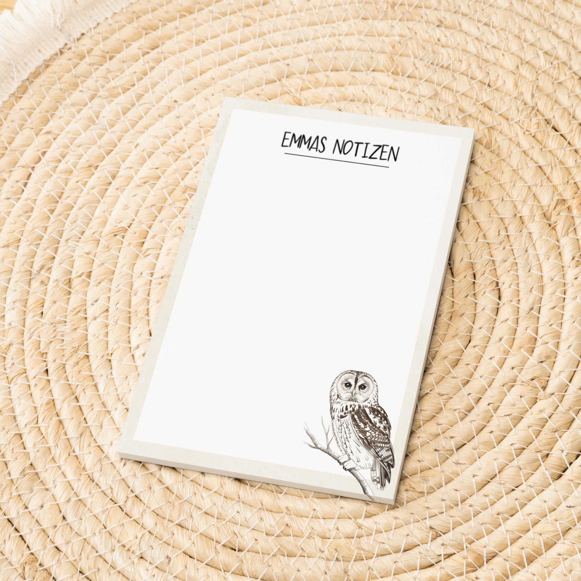 Notizblock Waldkauz Eule Design, 10x15 cm, 50 Blatt mit Leimbindung, personalisierbar mit Namen, Handmade, Geschenk Ornithologe