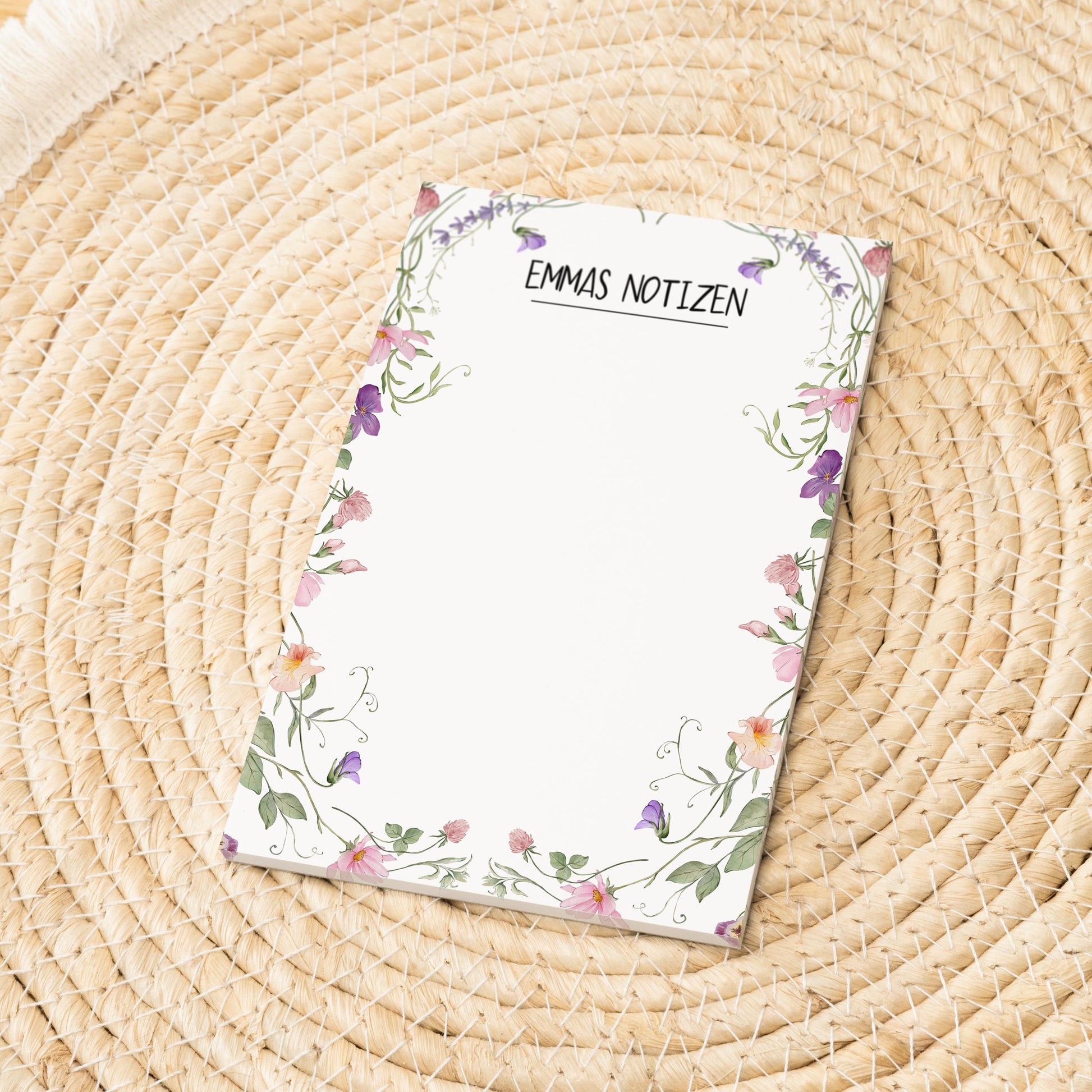 Notizblock Blumen Ranken Design, 10x15 cm, 50 Blatt mit Leimbindung, personalisierbar mit Namen, Handmade