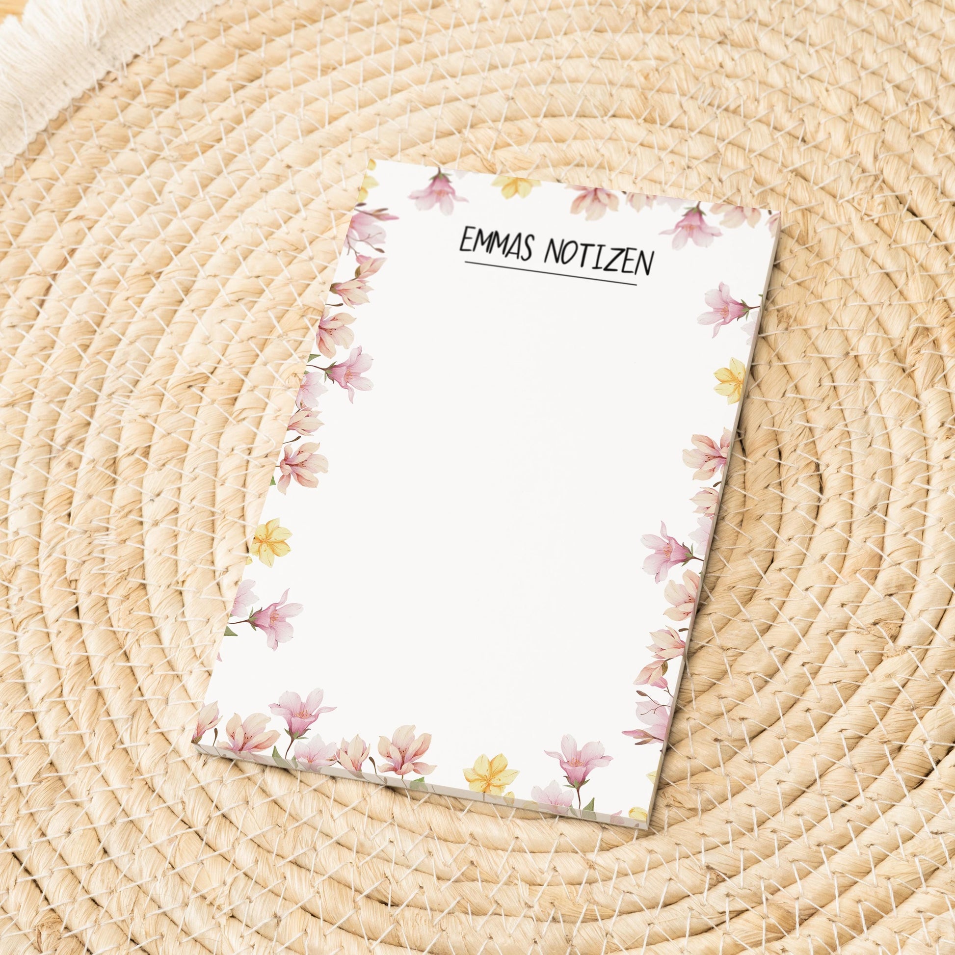 Notizblock Blumen Ranken Design, 10x15 cm, 50 Blatt mit Leimbindung, personalisierbar mit Namen, Handmade