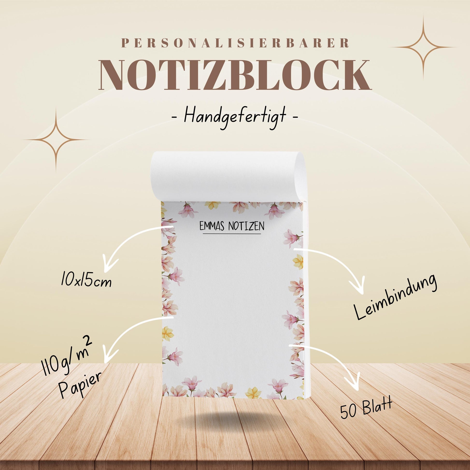 Notizblock Blumen Ranken Design, 10x15 cm, 50 Blatt mit Leimbindung, personalisierbar mit Namen, Handmade