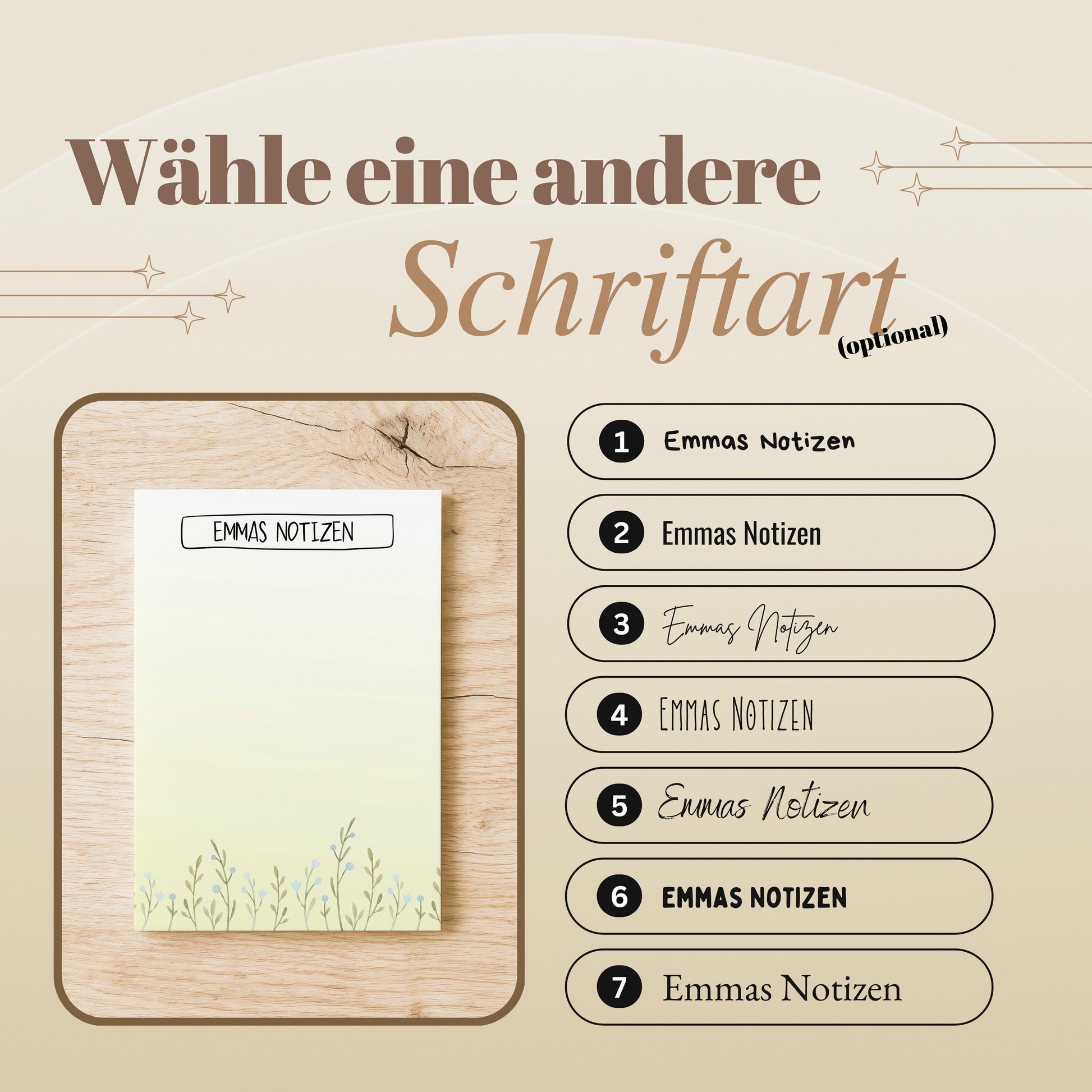 Notizblock Blumen Wiese Design, 10x15 cm, 50 Blatt mit Leimbindung, personalisierbar mit Namen, Handmade