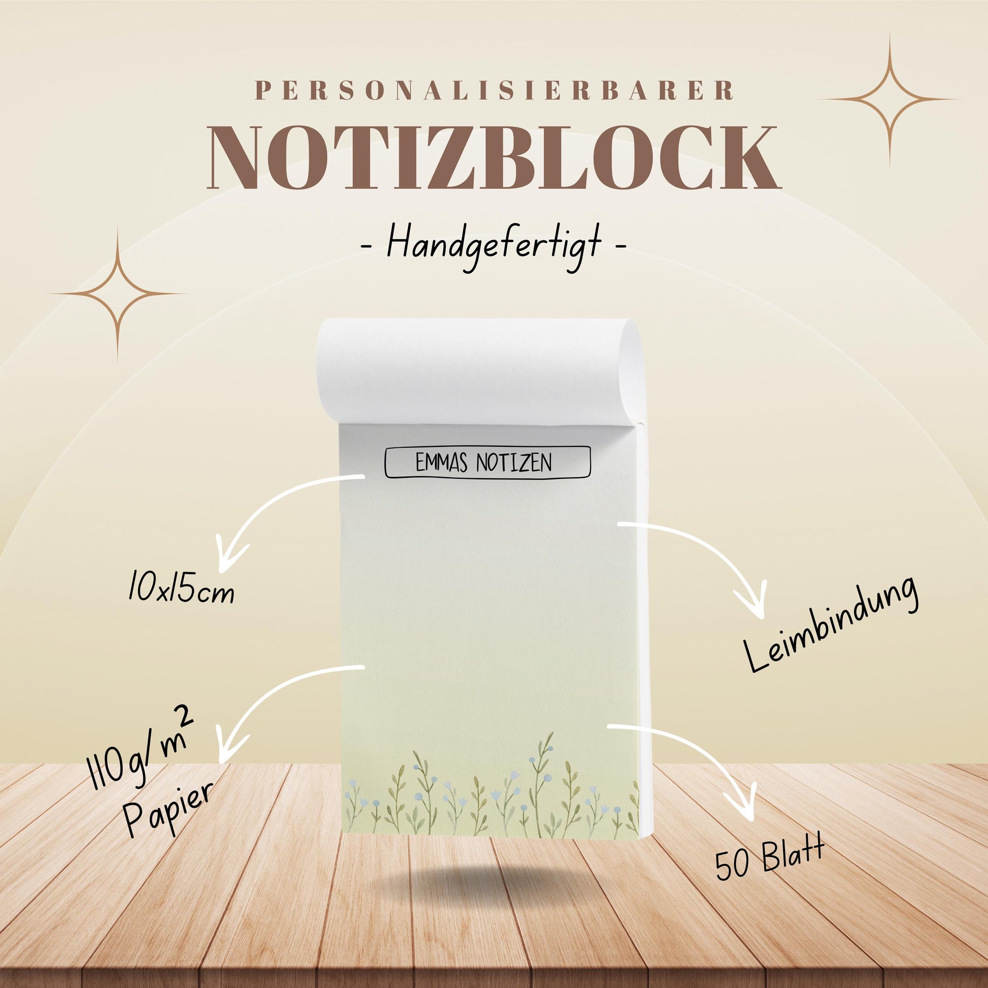 Notizblock Blumen Wiese Design, 10x15 cm, 50 Blatt mit Leimbindung, personalisierbar mit Namen, Handmade
